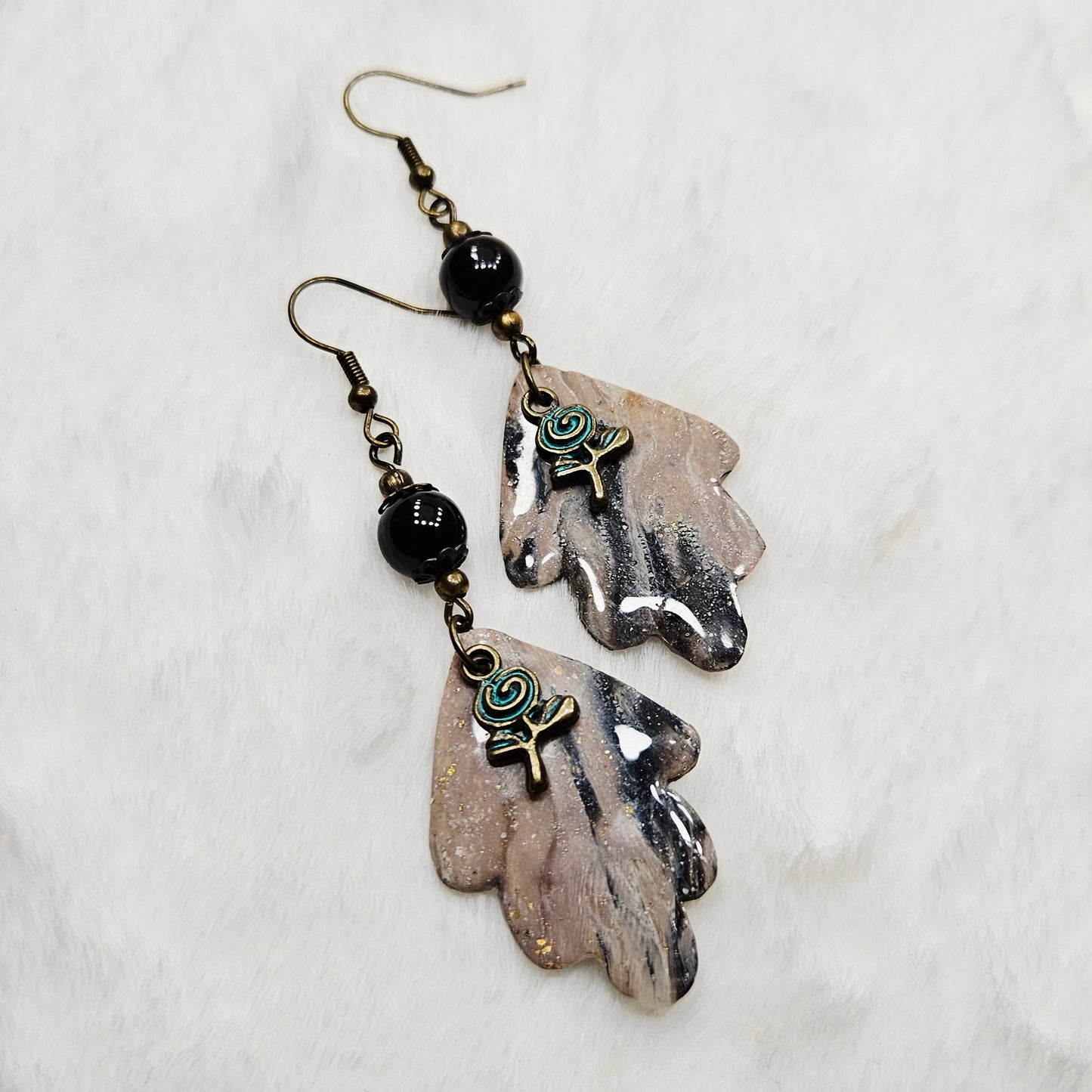 Black and Brown Gold Flake Marble Polymer Clay Earrings with Rose Charm
