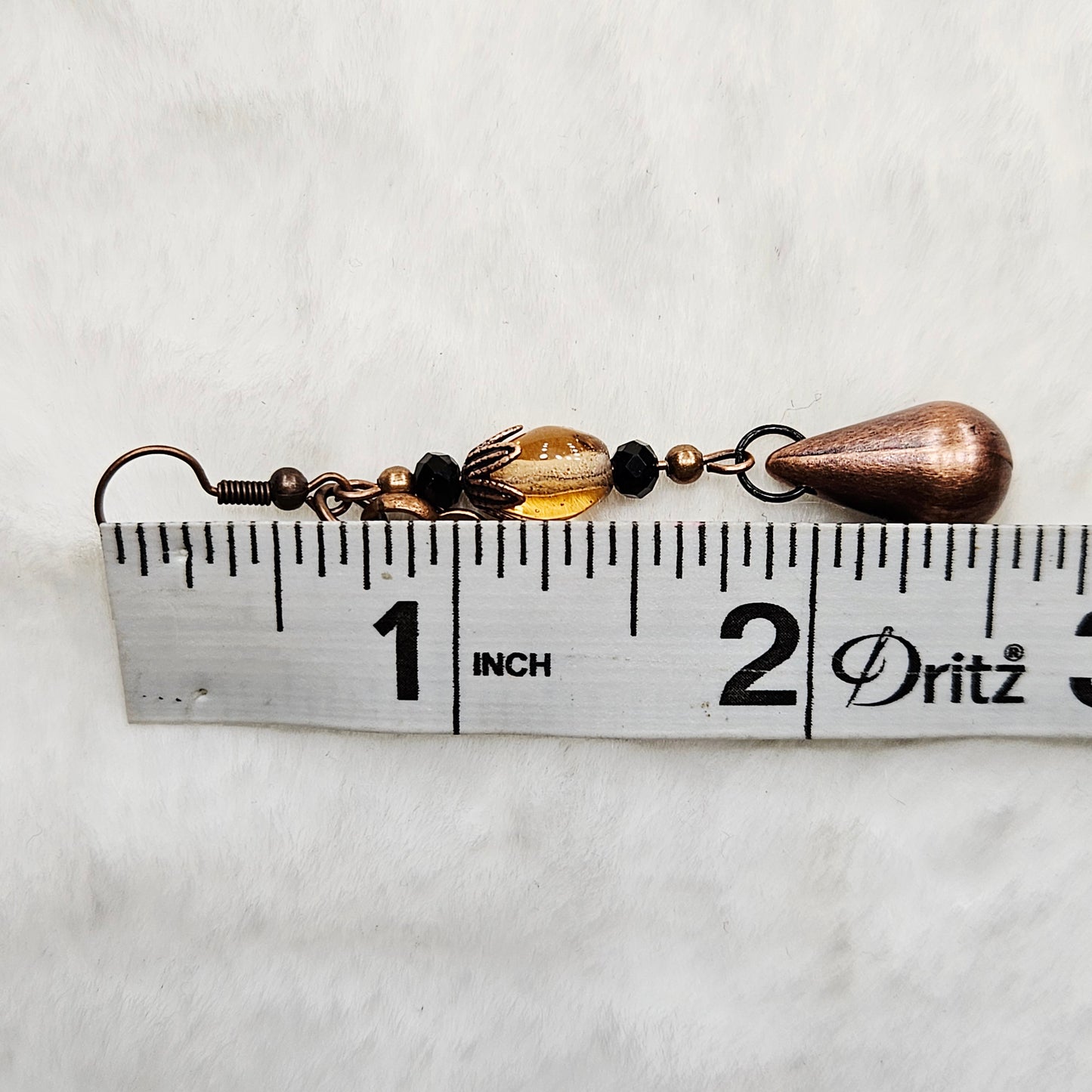 Amber Glass Antiqued Copper Chain Earrings with Black Crystals