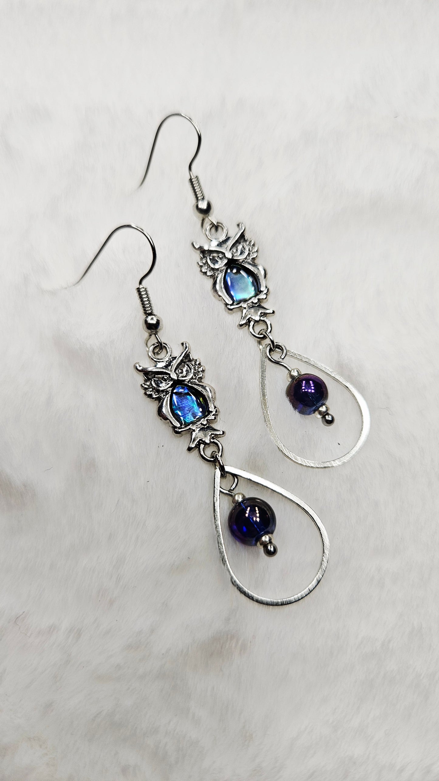 Abalone Owls with Silver Teardrop Hoops and Irridescent Dark Purple Glass Dangle Earrings - 3"