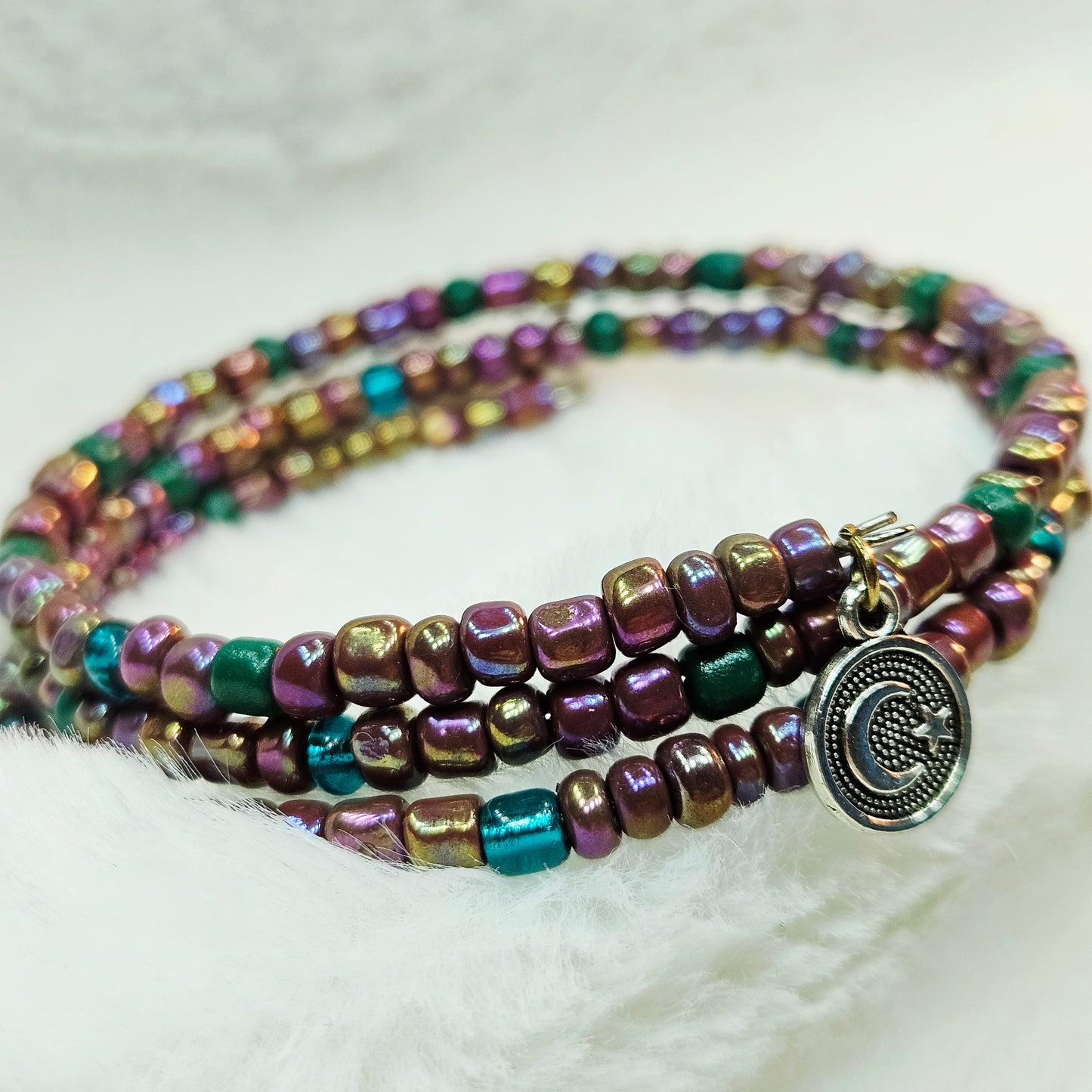 Cosmic Rainbow Seed Bead Wrap Bracelet with Moon and Star Charm