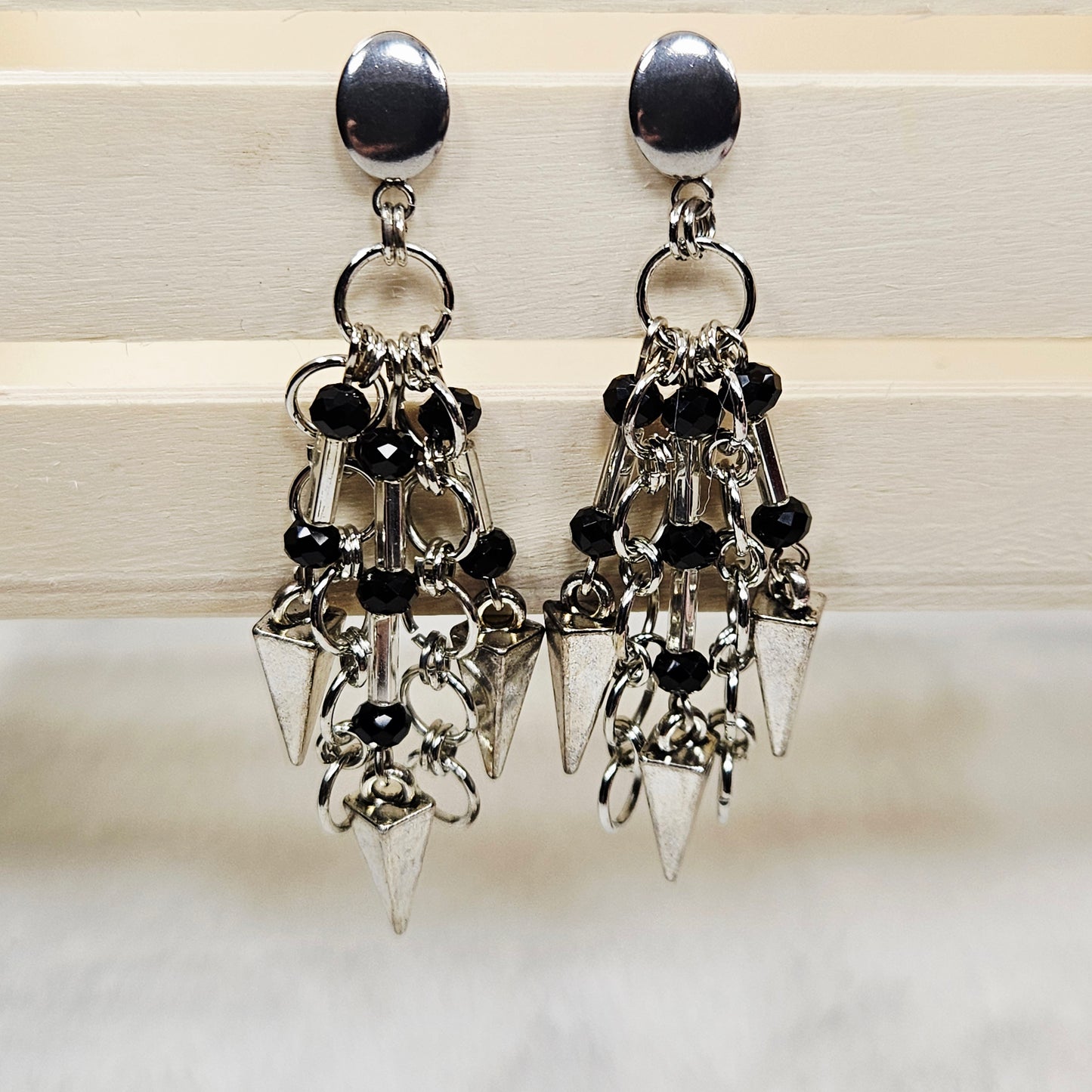 Silver Dagger Chainmail Earrings with Black Crystals