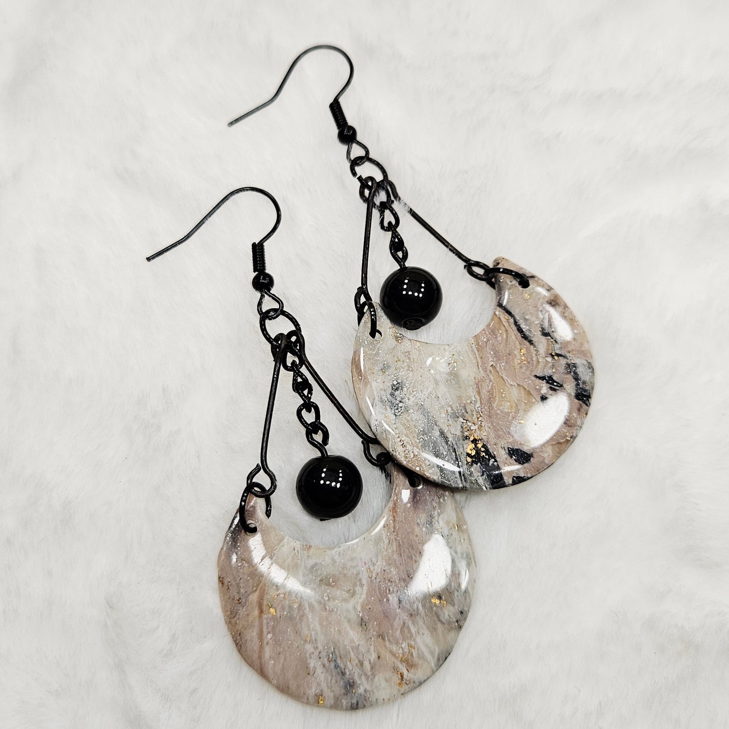 Black and Brown Gold Flake Marble Crescent Polymer Clay Earrings with Black Chain