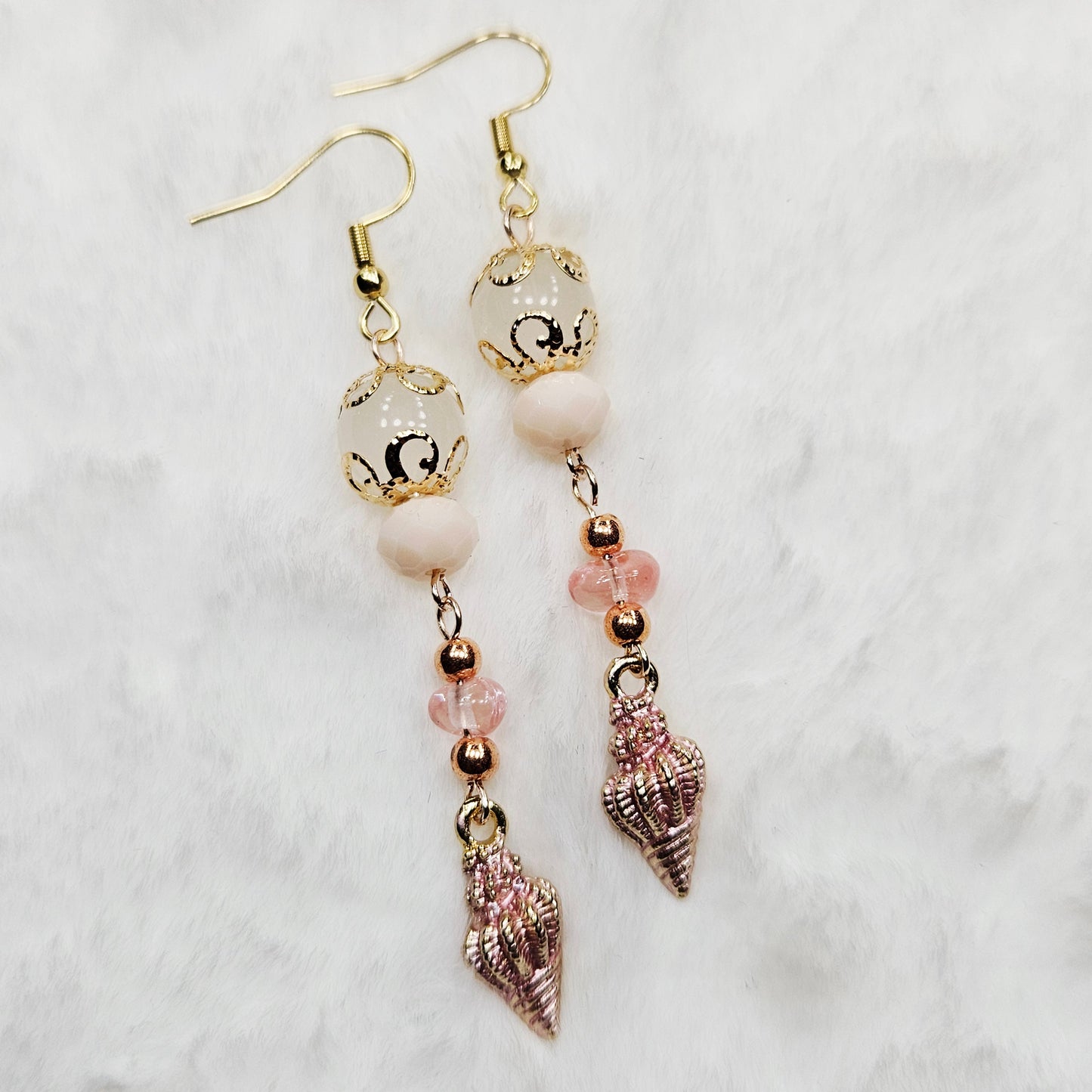 Gold and Rose Gold Conch Shell Earrings with Pink Stones