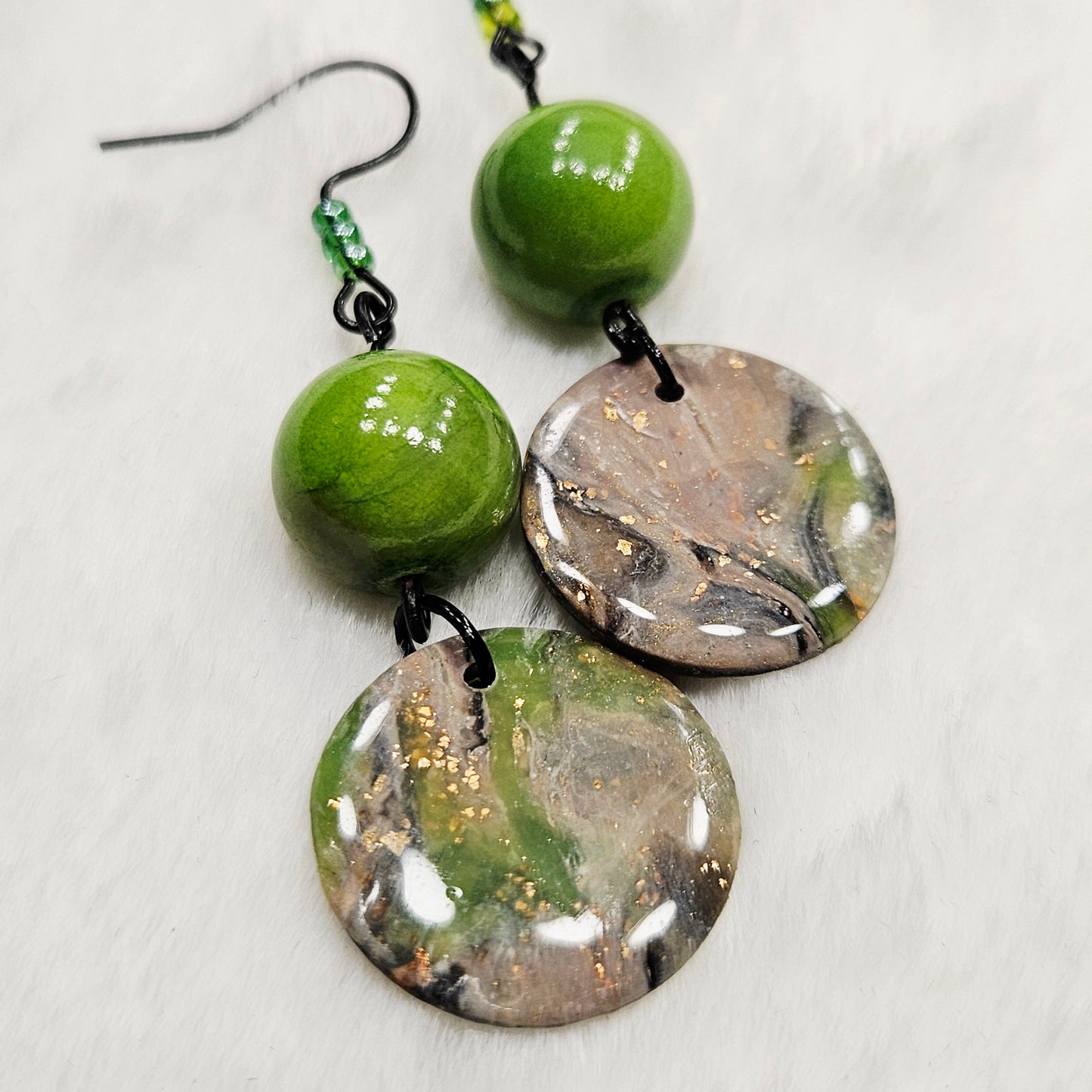 Lime Green Camouflage Round Polymer Clay Earrings