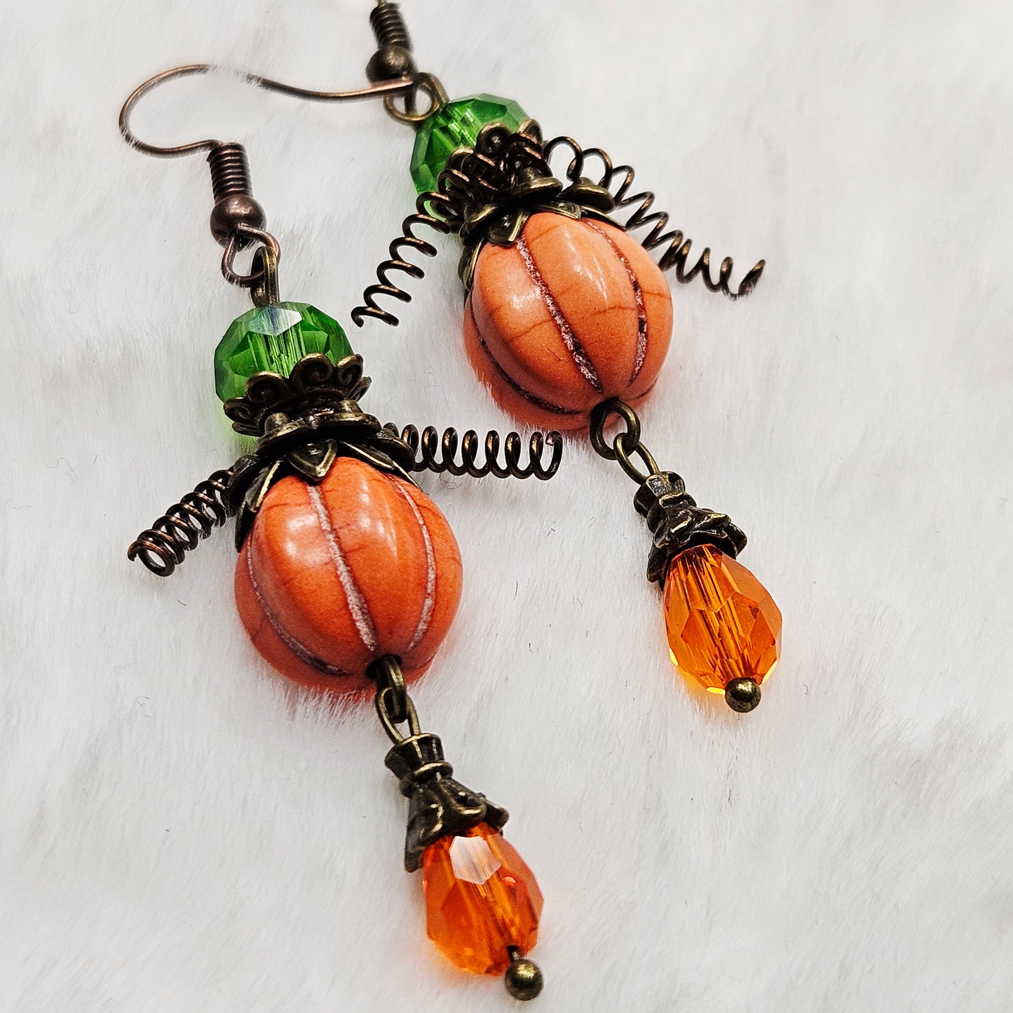 Orange "Pumpkin Men" Earrings with Crystal Teardrop Dangles on Brass