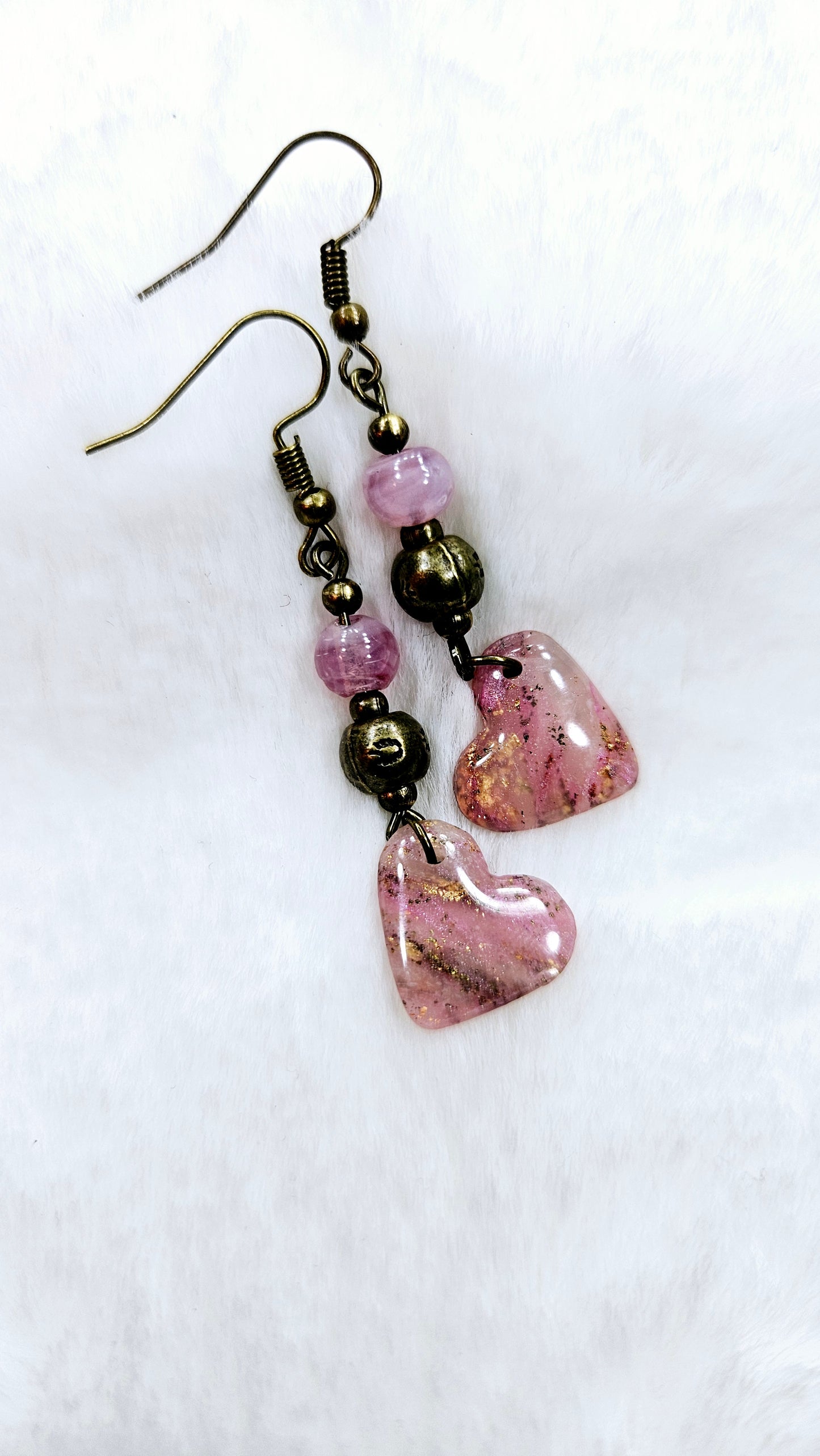 Pink Passion Marbled Clay Hearts with Gold Fleck on Brass Dangle Earrings