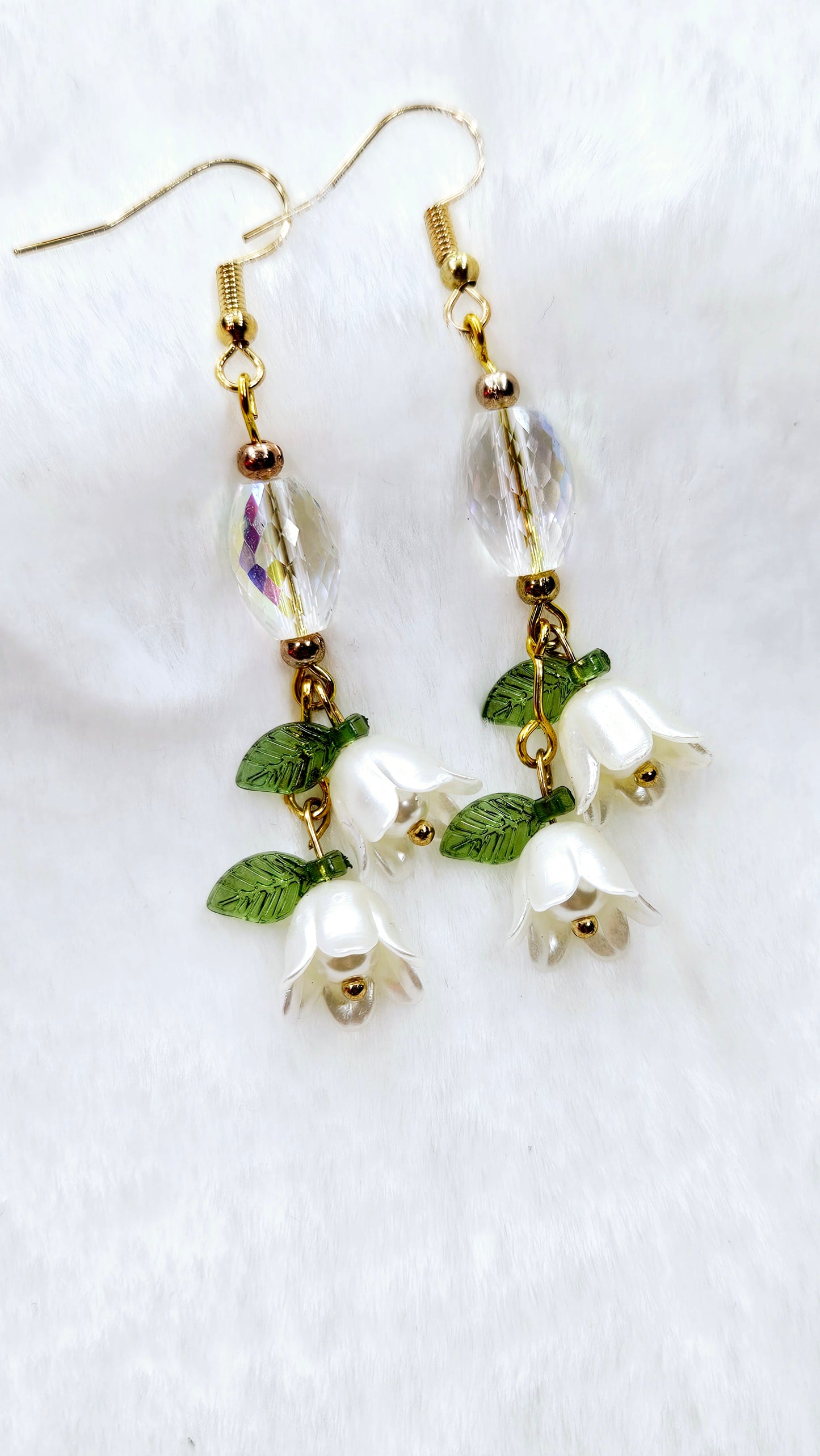 Beloved White Bellflowers with Iridescent Crystal Dangle Earrings