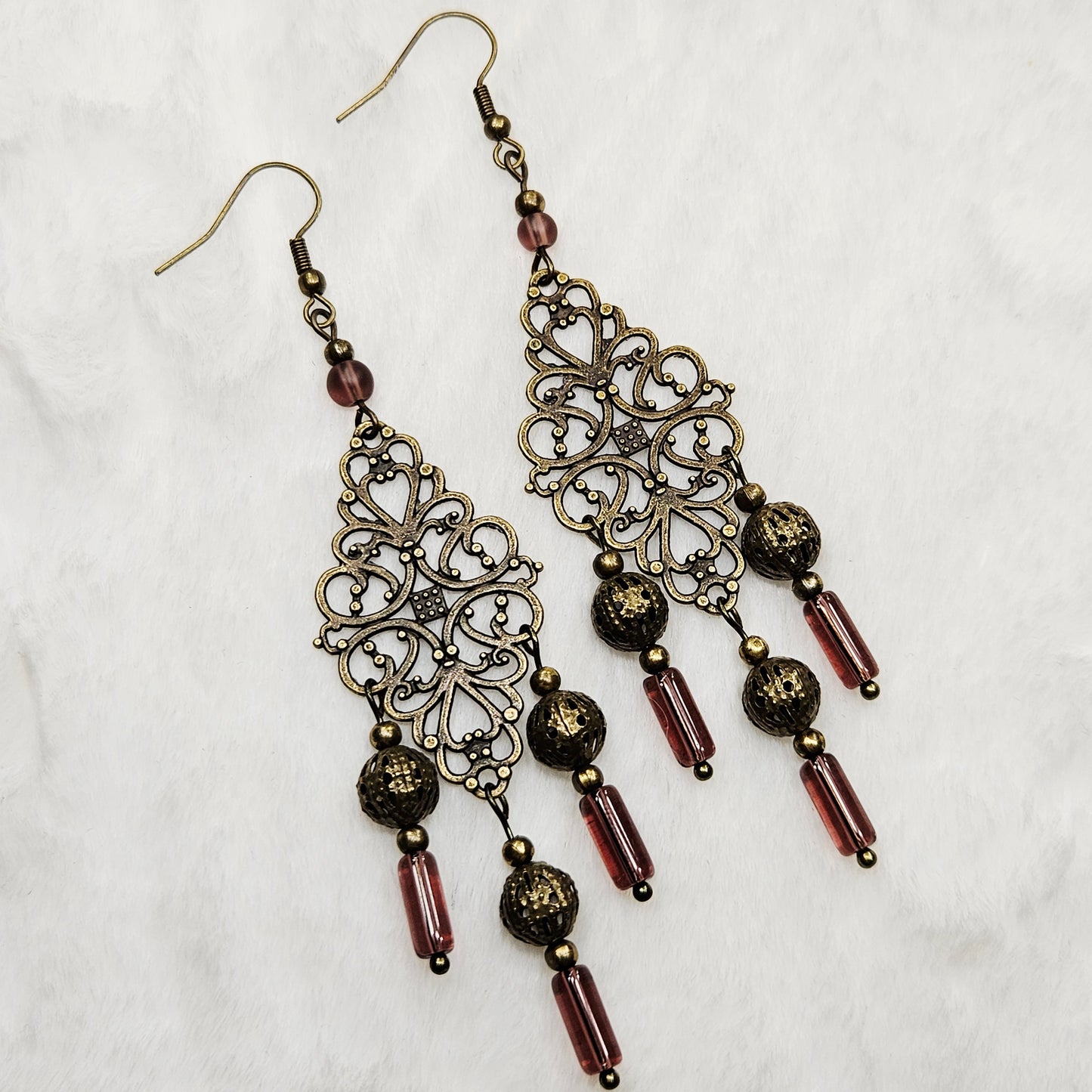 Diamond Antique Brass Tibetan Filigree Rhombus Chandelier Earrings with Smokey Purple Dangles