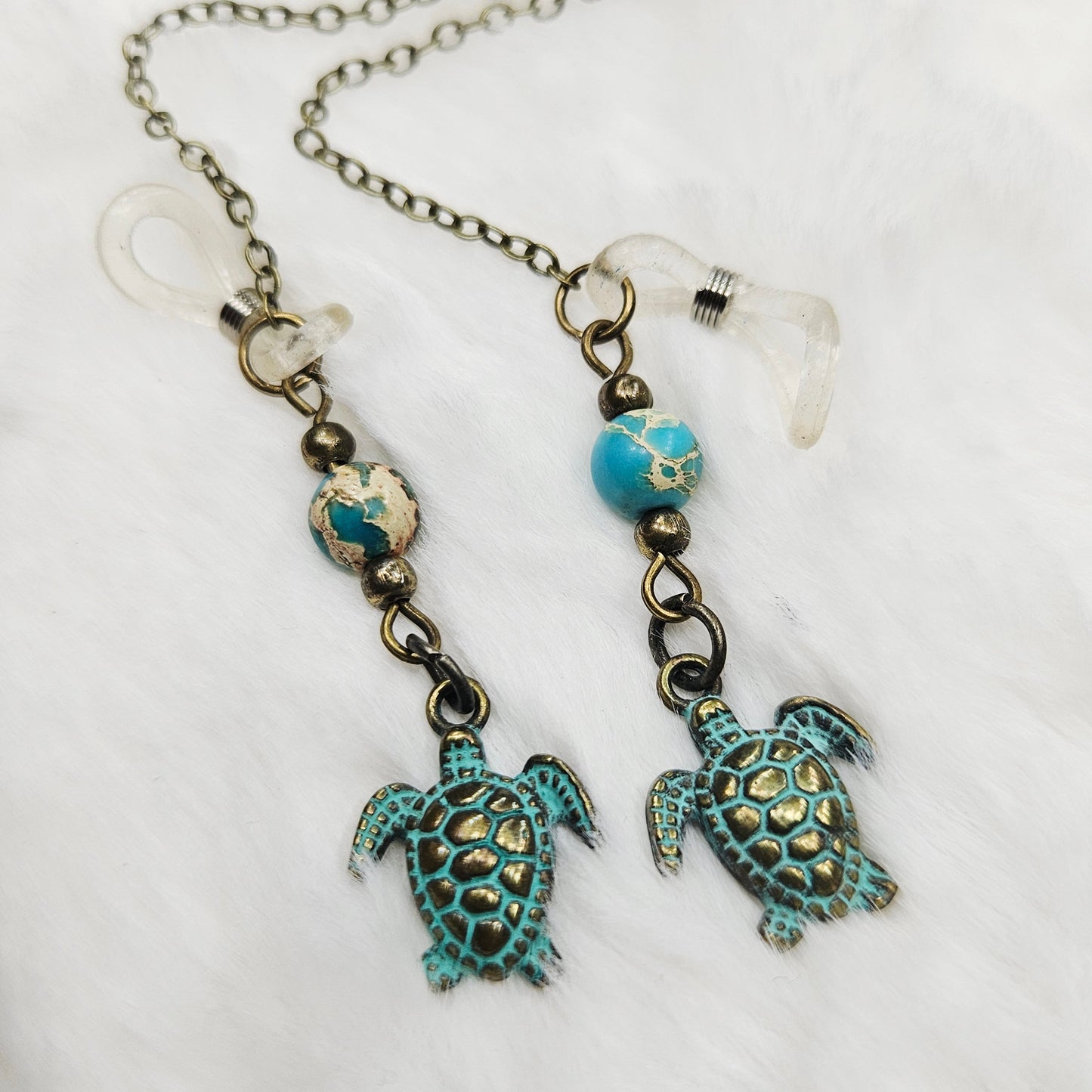 Aged Brass Sea Turtles and Turquoise Eyeglass Chain