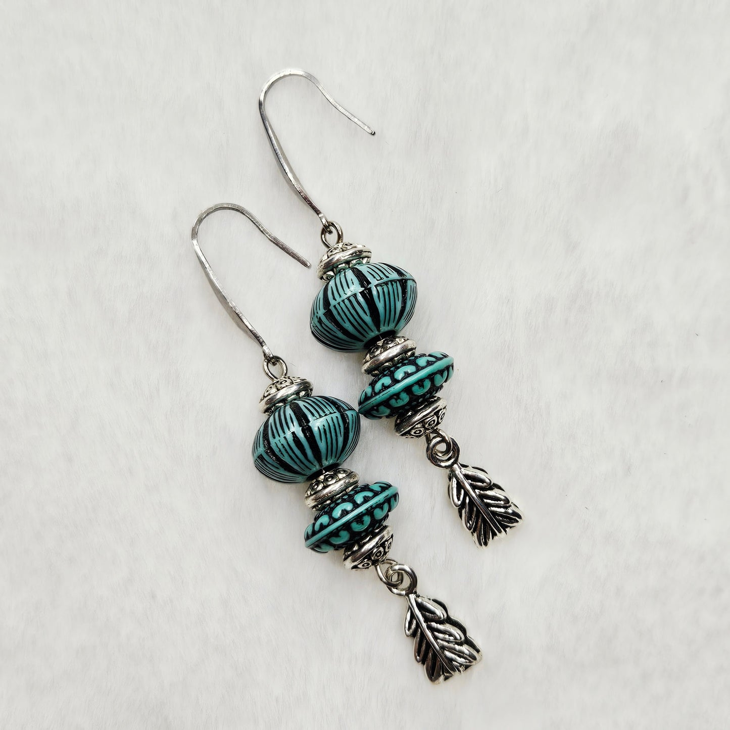 Western Style Vintage Turquoise and Silver Dangle Earrings with Feather Charms