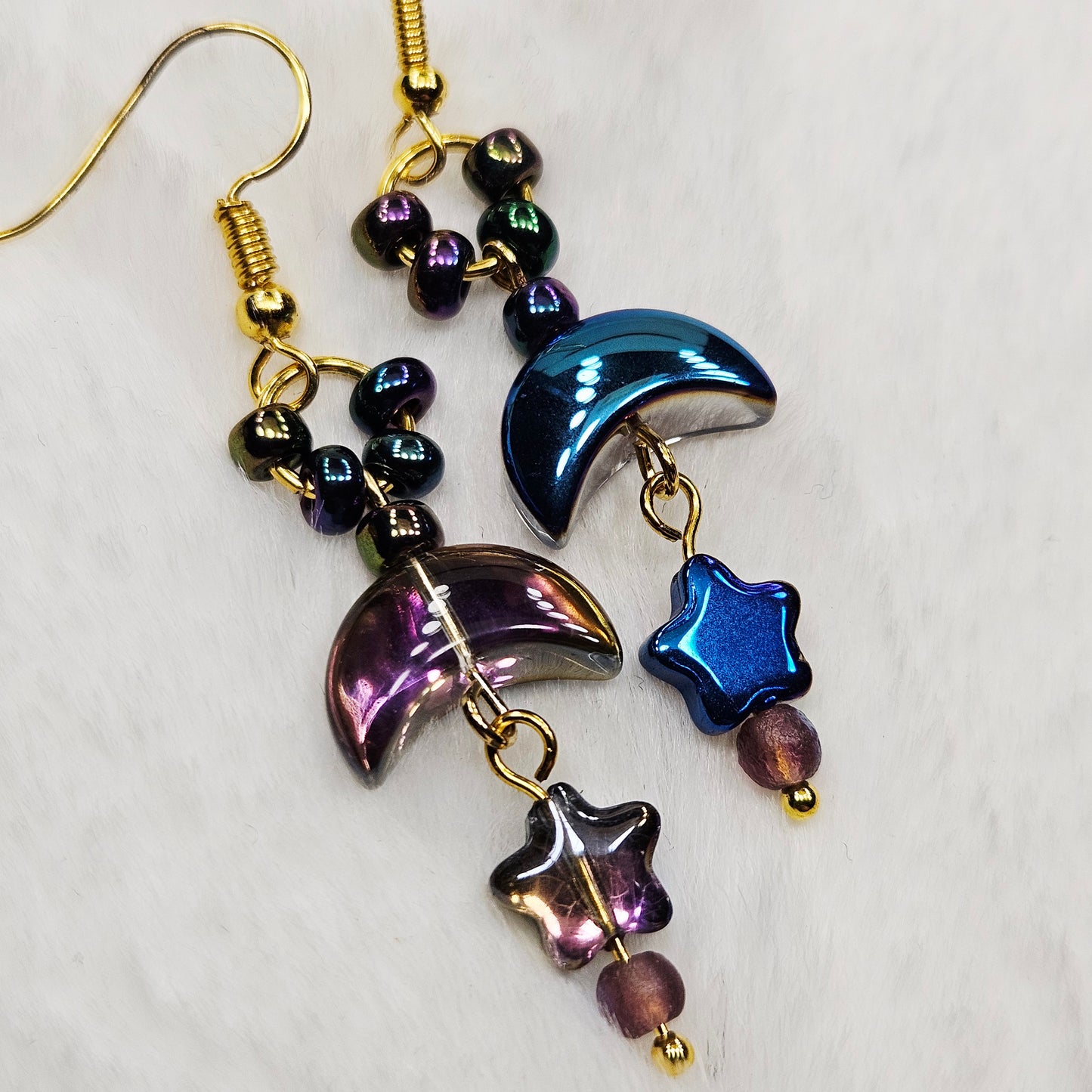Magical Metallic Blue and Purple Moons and Stars Earrings in Silver or Gold