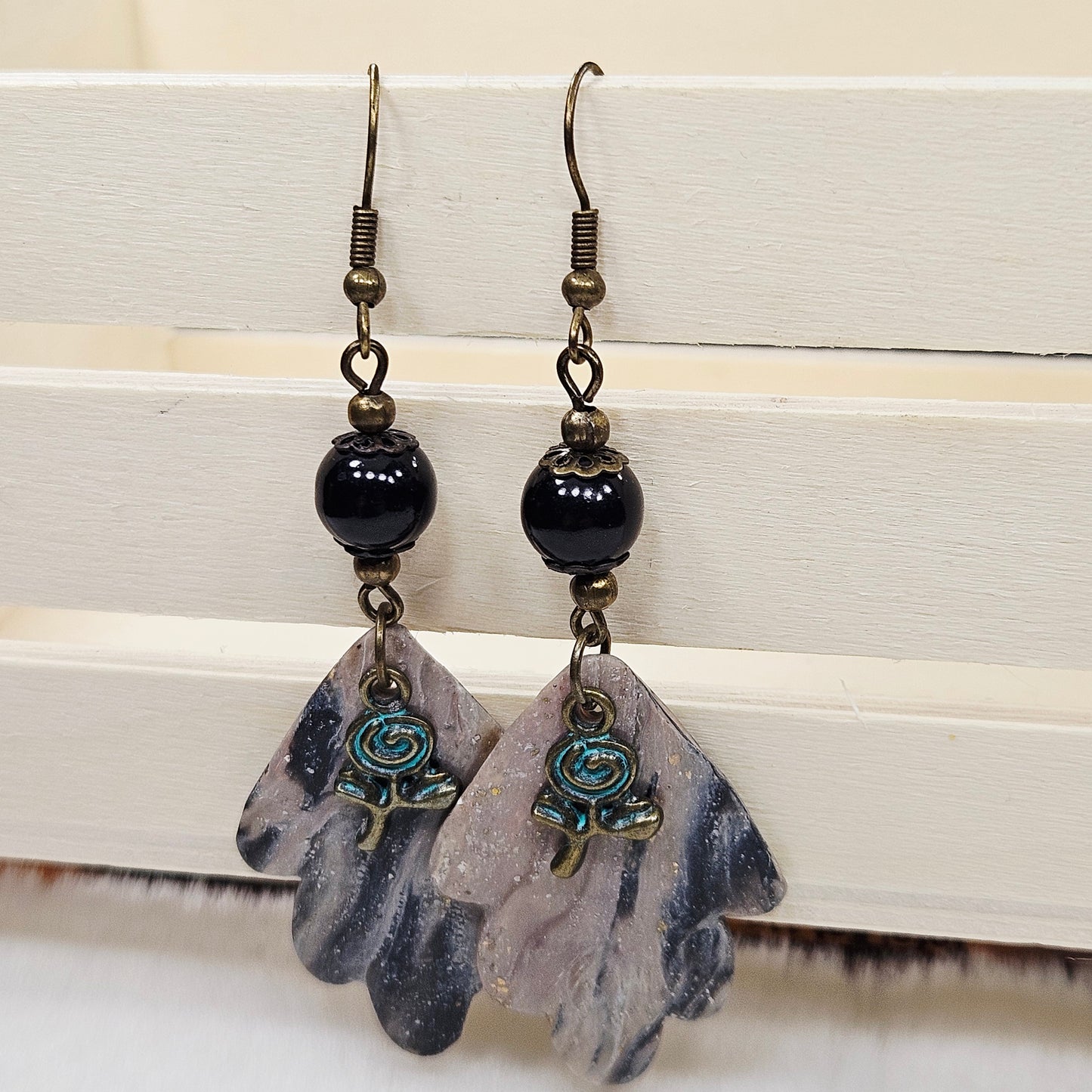 Black and Brown Gold Flake Marble Polymer Clay Earrings with Rose Charm