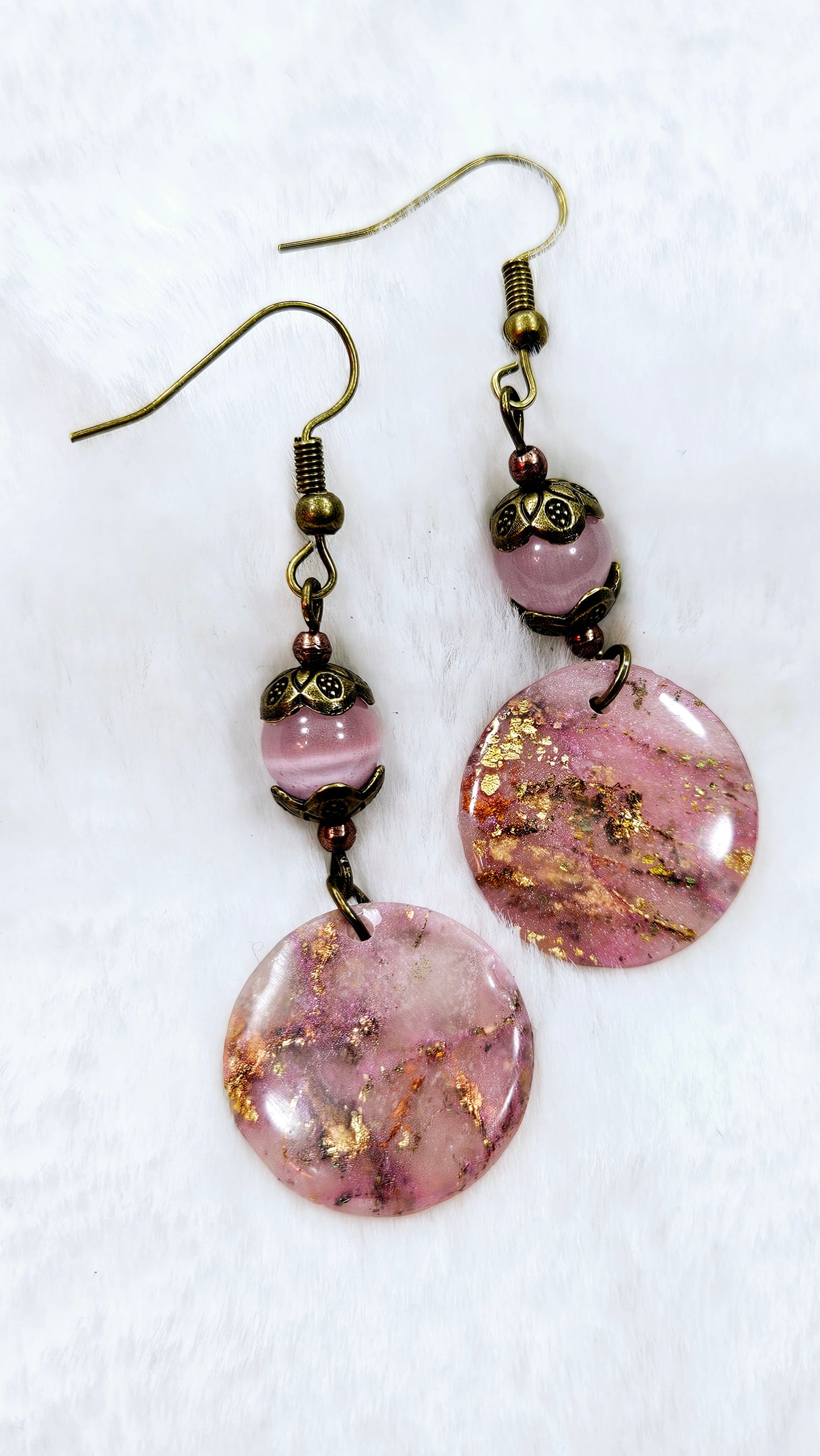 Pink Passion Marbled Clay with Gold Fleck on Bronze Dangle Earrings (2 Styles) - 2½"