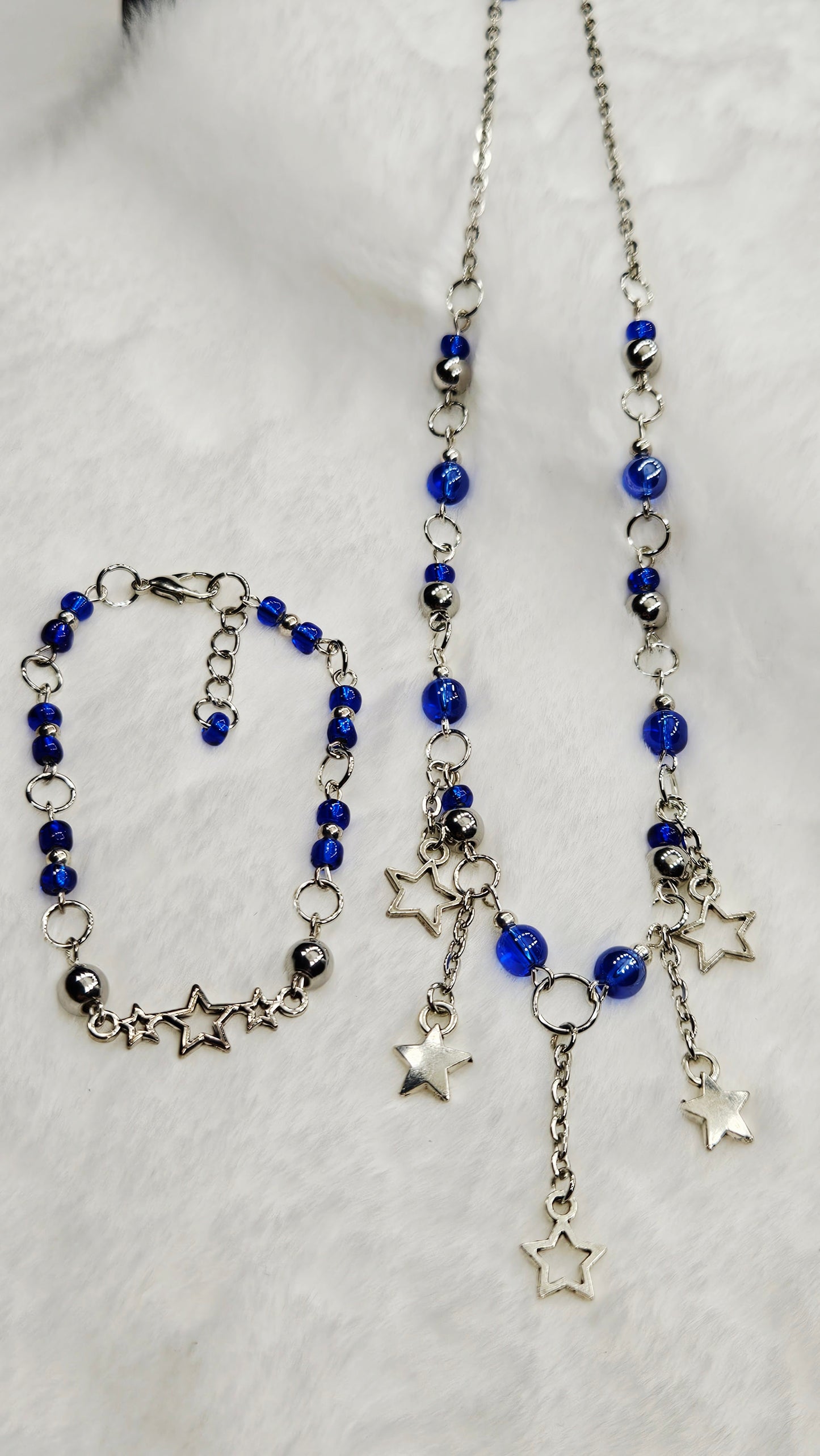 Cobalt Blue and Silver Stars Charm Necklace with Bracelet Set