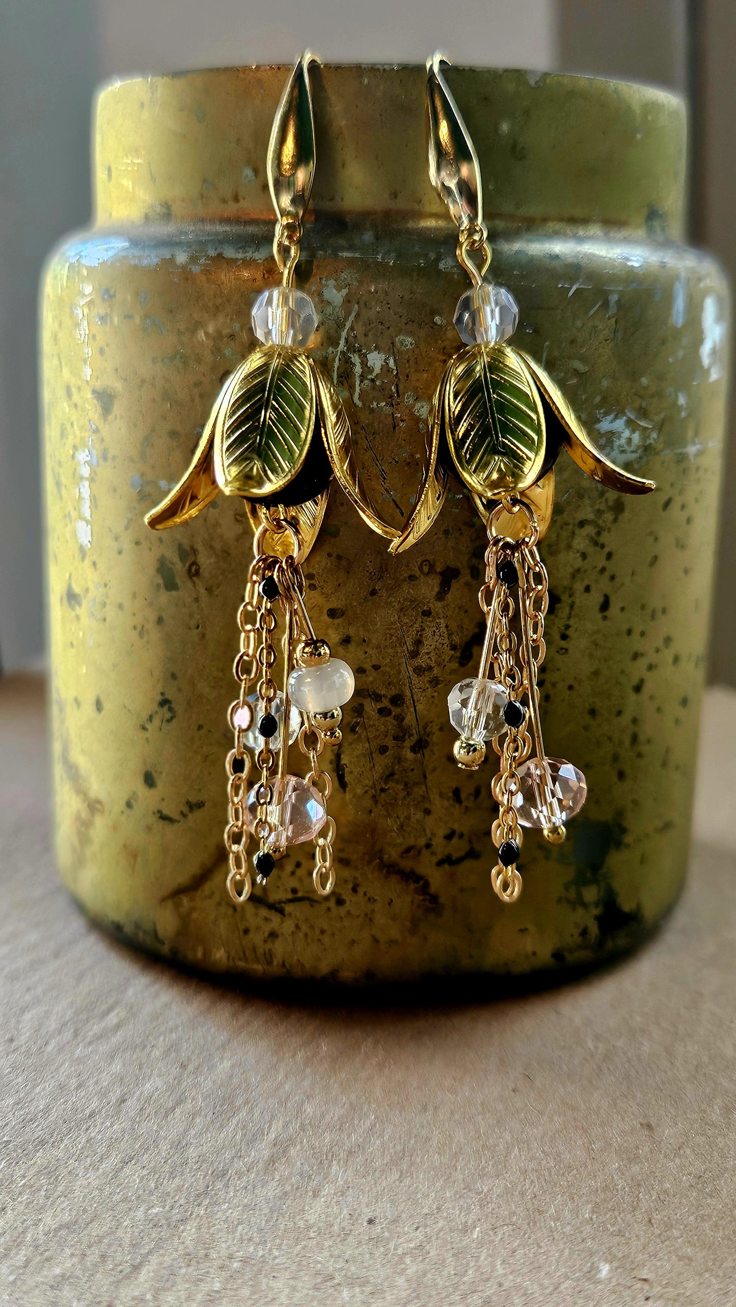 Golden Leaf Bell Dangle Earrings with Crystal Drops and Black and Gold Chain