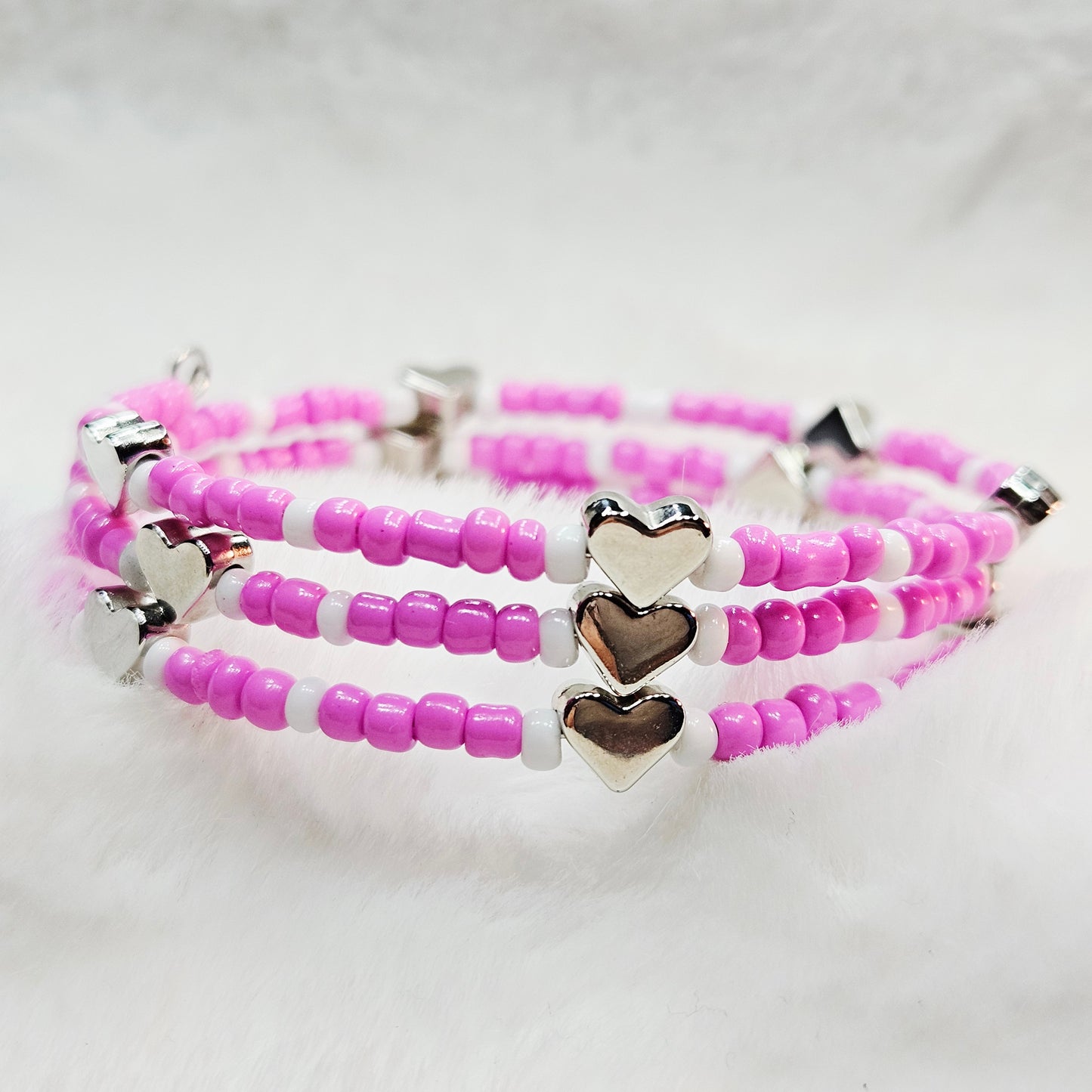Pretty in Pink Seed Bead Wrap Bracelet with Silver Hearts