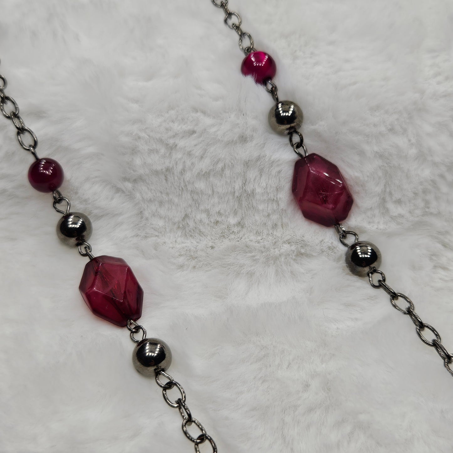 Long Gunmetal Black Chain and Dark Pink Beaded Necklace