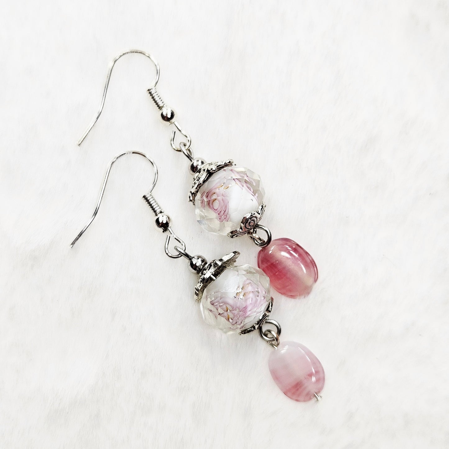 Hidden Flower Crystal Dangle Earrings with Pink Swirl Glass and Silver Flower Caps - 2"