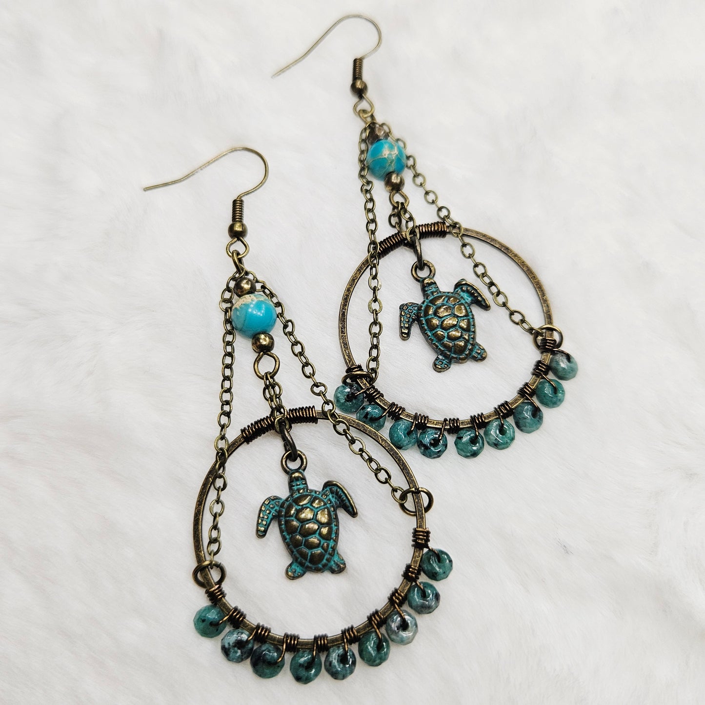 Aged Brass Sea Turtles and Blue Dalmation Jasper Earrings