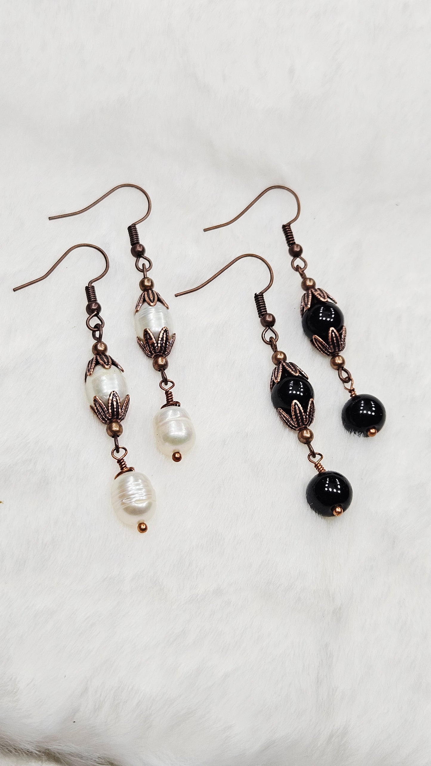 Antique Copper Leaf Cap Dangle Earrings with Freshwater Pearls or Black Glass