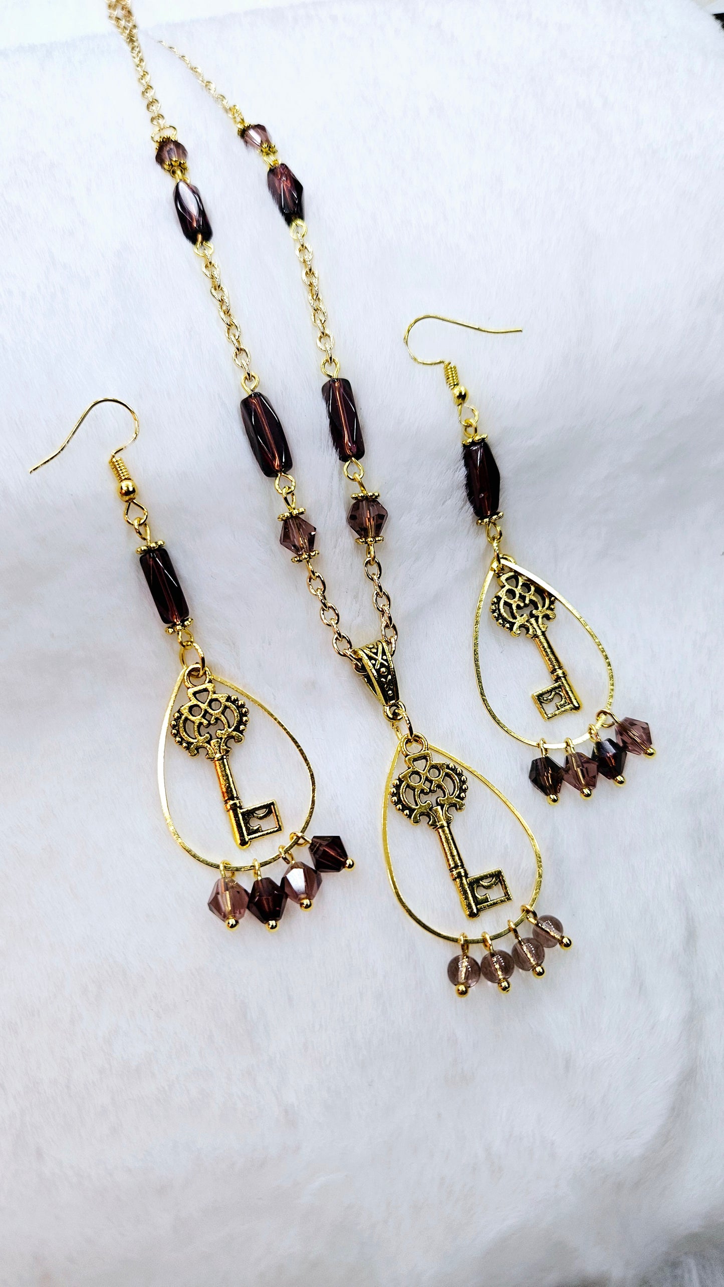 Stoic Skeleton Key Set: Golden Skeleton Keys Framed with a Beaded Teardrop & Deep Purple Glass Beads Matching Necklace & Earrings