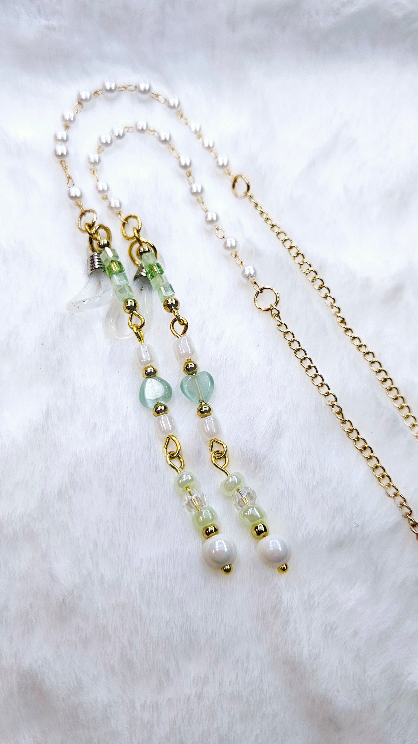 Green Hearts and Pearl on Gold Glasses Chain