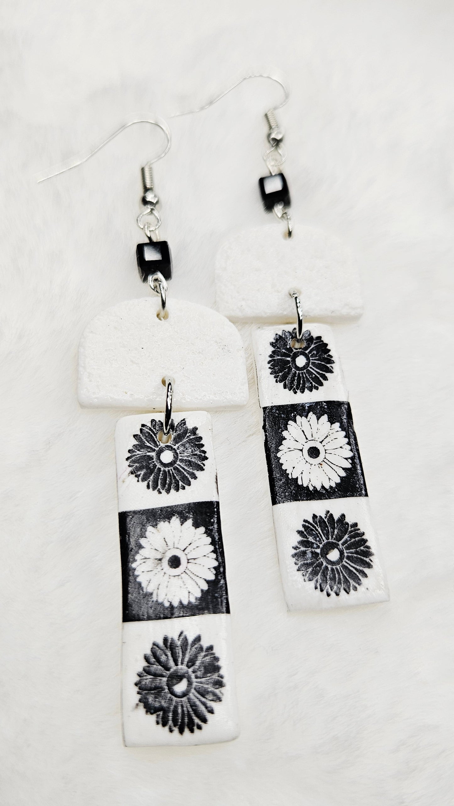 Monochrome Floral Print Clay Earrings with Black or White Arches - 3"
