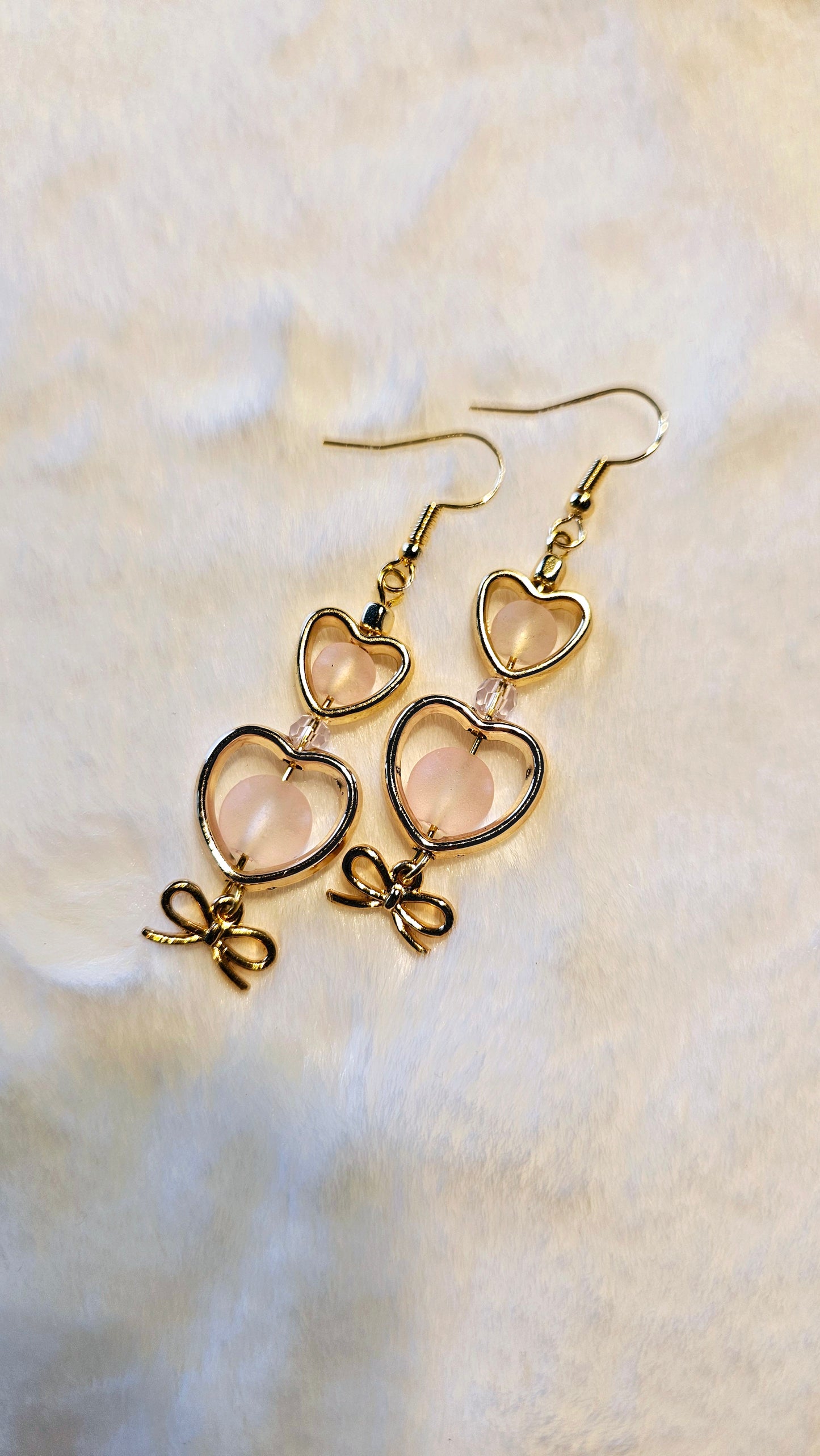 Hollow Gold Heart Earrings with Pale Pink Frosted Glass and Bow Charms Dangles - 2¼"