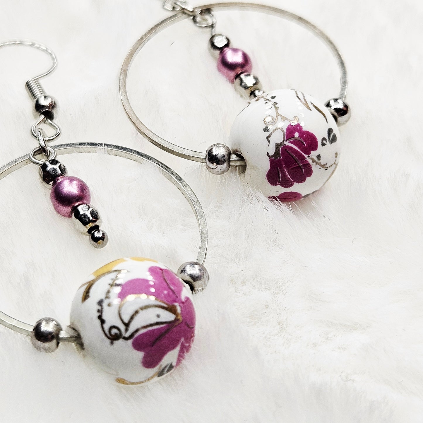 Pink Floral Ceramic on Silver Hoop Dangles