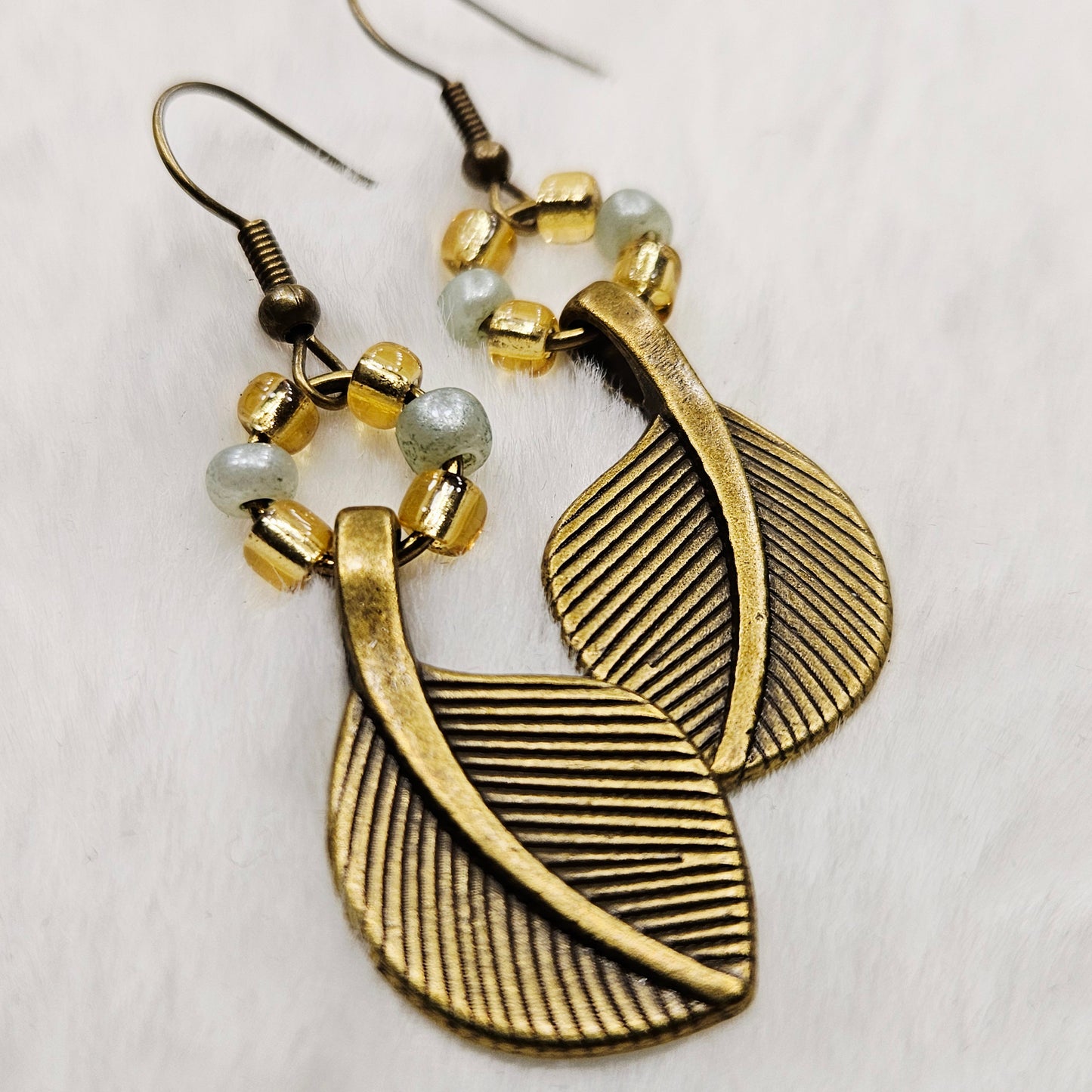 Golden Yellow and Pale Green Leaf Dangle Earrings