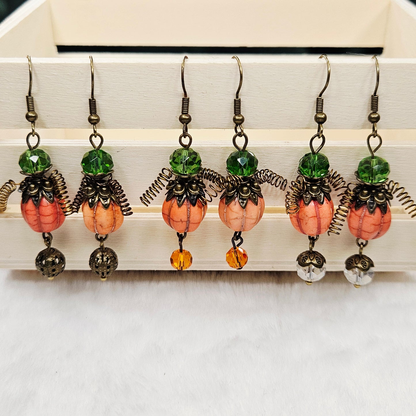Orange "Pumpkin Men" Earrings with Hollow Brass Dangles