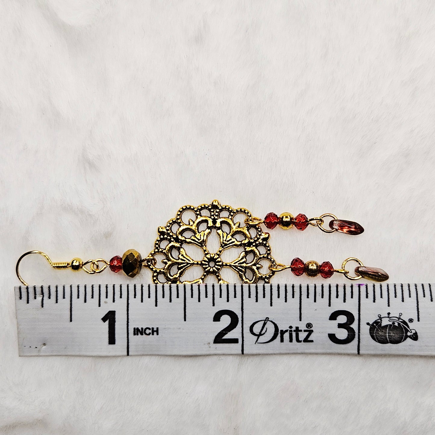 Round Antique Gold Tibetan Filigree Rhombus Chandelier Earrings with Red Dangles