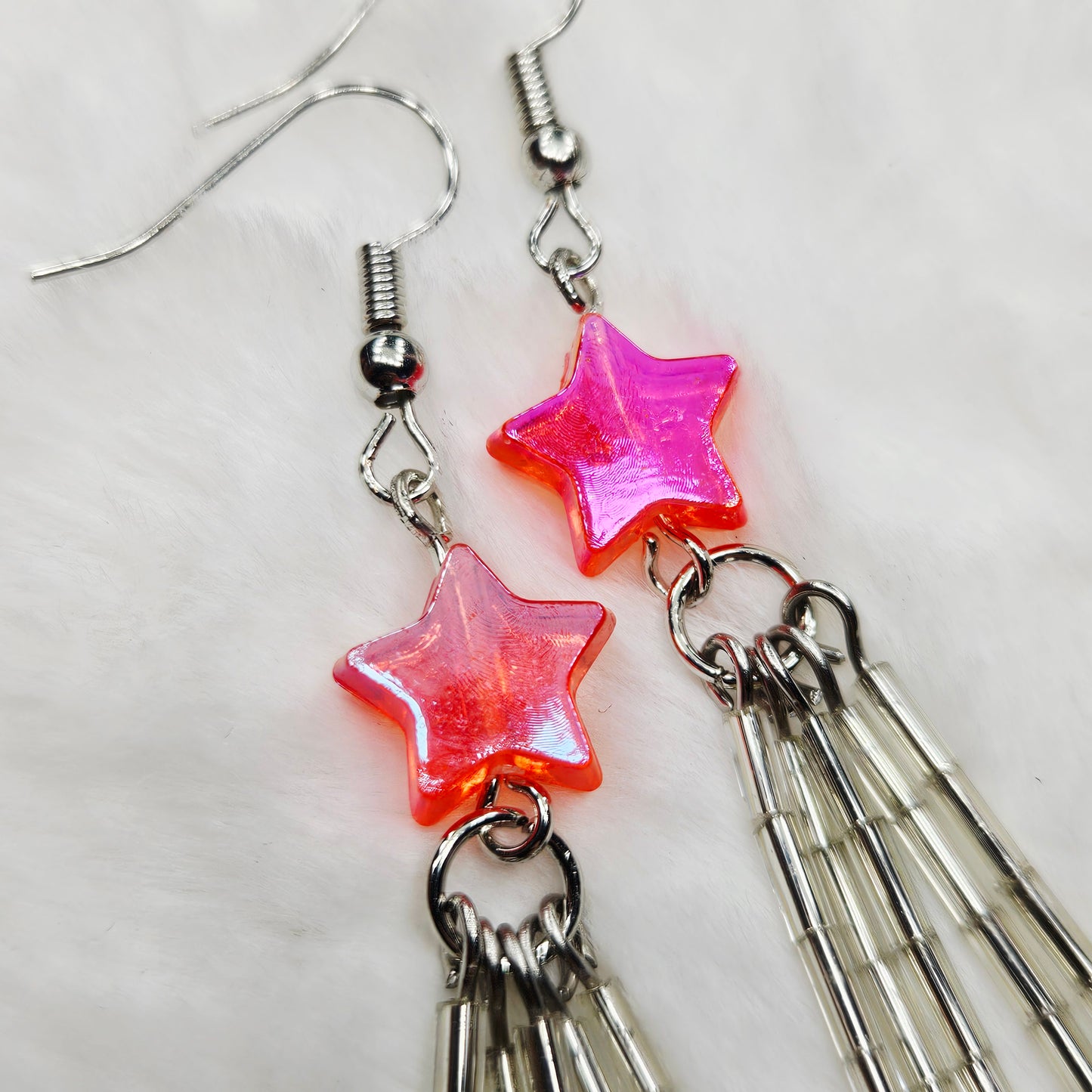 Long Shiny Reddish Pink Shooting Star Earrings