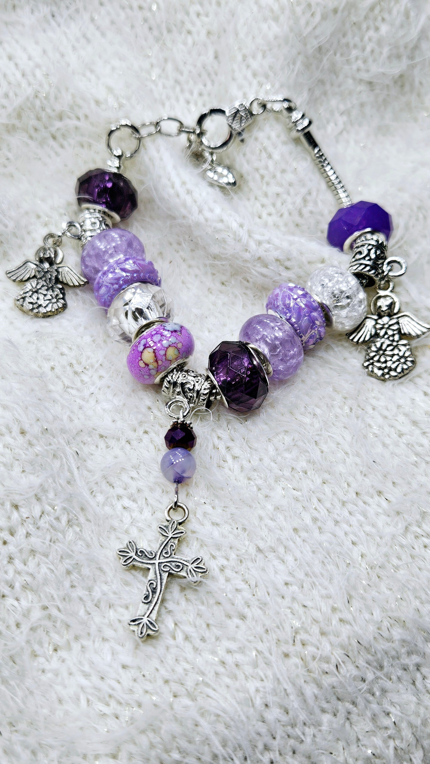 Precious Purple & Silver Angels & Cross Charm Bracelet