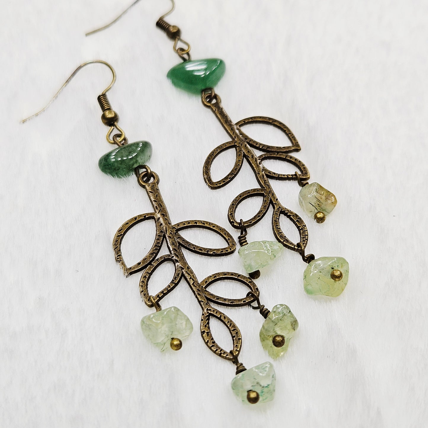Textured Antique Brass Branch Earrings with Peridot Chip Dangles