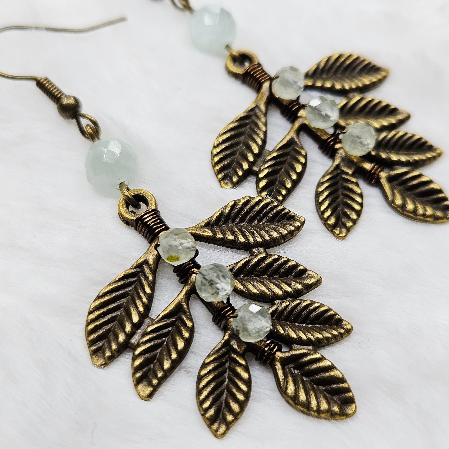 Green Aquamarine and Prehnite Crystal Antiqued Brass Branch Dangles