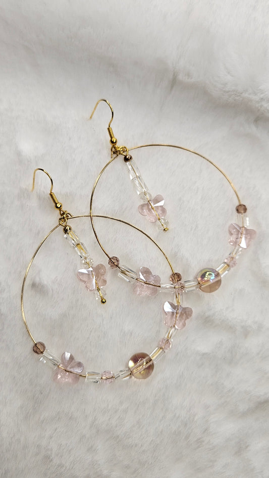 Large & Lovely Gold Hoops with Peach Faceted Crystal Butterflies Earrings