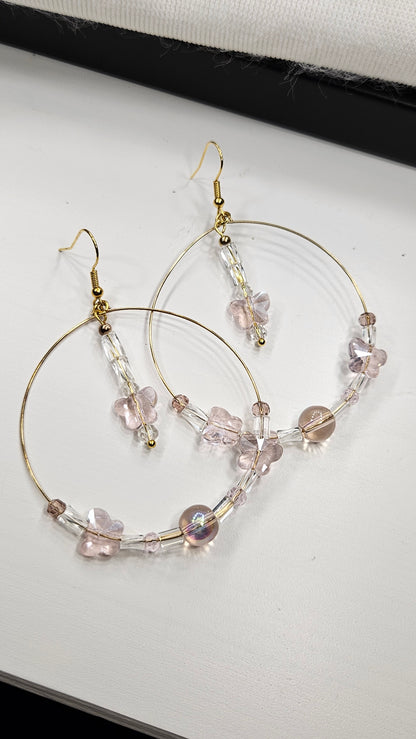 Large & Lovely Gold Hoops with Peach Faceted Crystal Butterflies Earrings