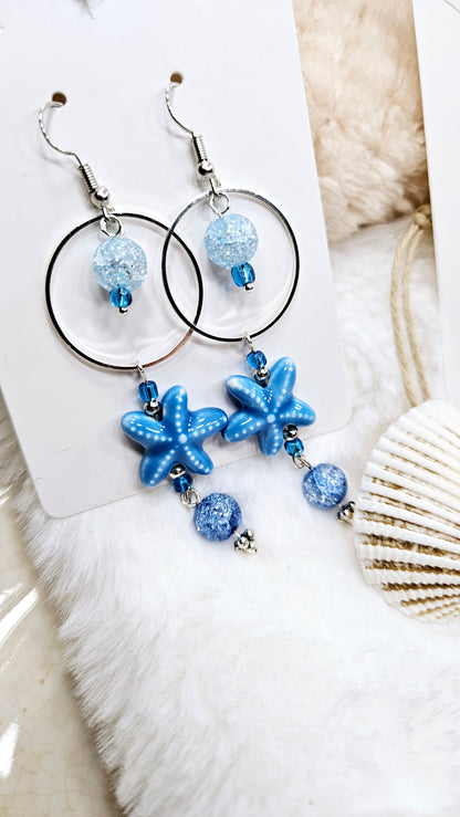 Beach Blue Starfish & Silver Hoop Dangle Earrings