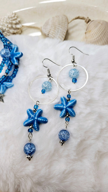 Beach Blue Starfish & Silver Hoop Dangle Earrings