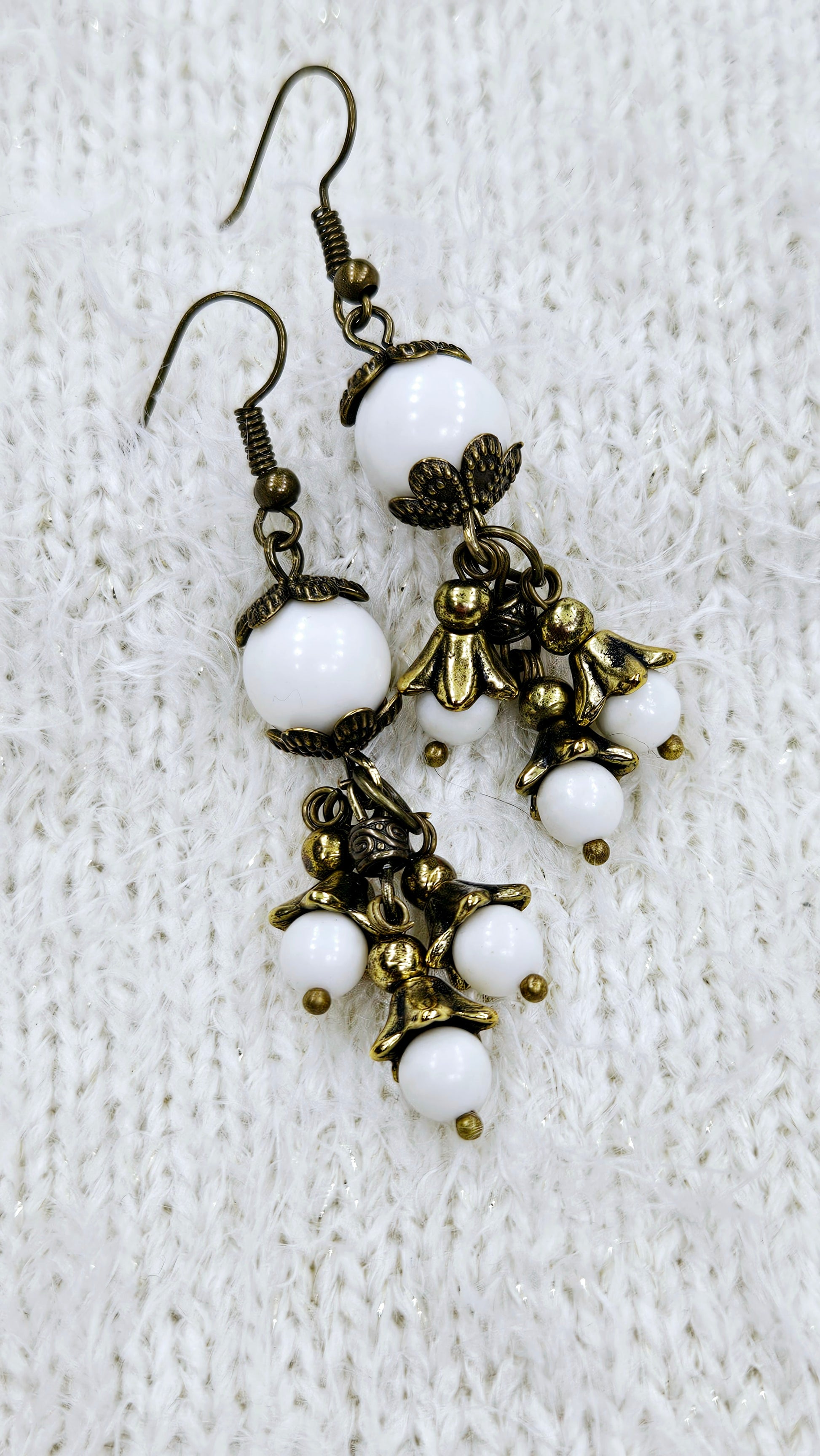 Beaded Brass Bellflower Cluster Dangle Earrings