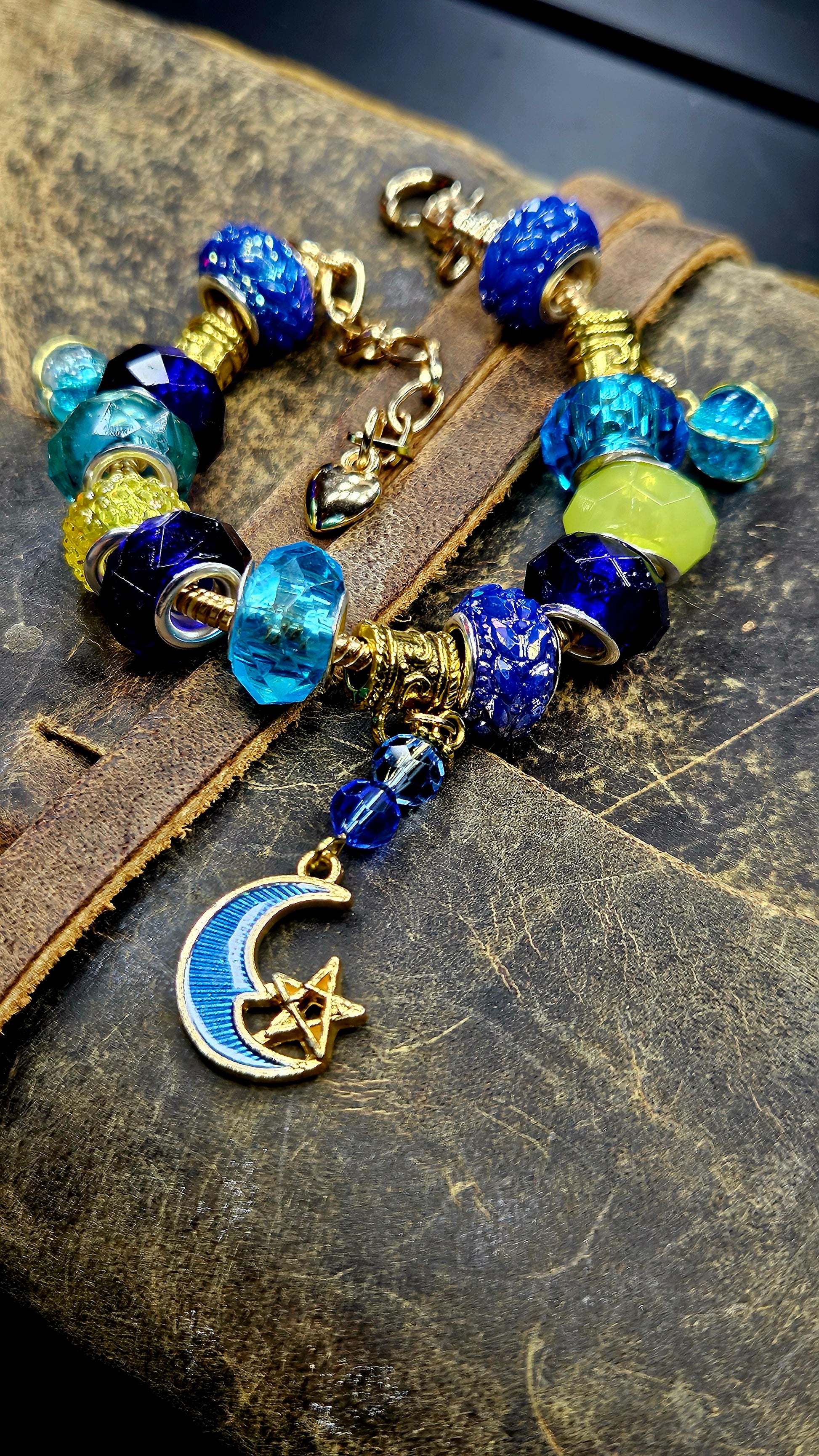 Beautiful Blue & Yellow Moon Charm Bracelet