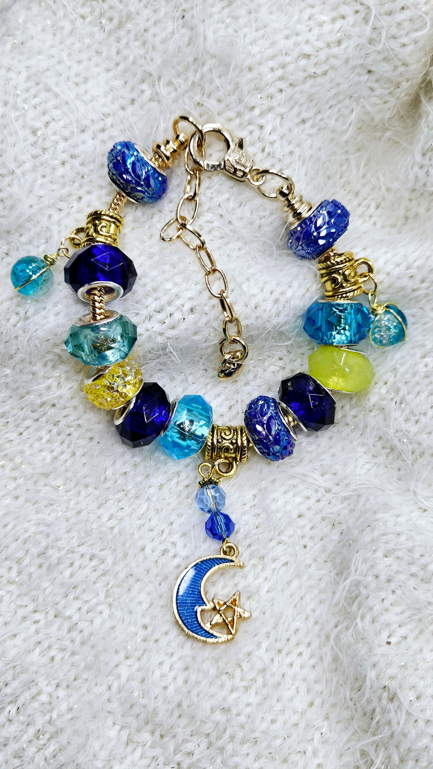 Beautiful Blue & Yellow Moon Charm Bracelet
