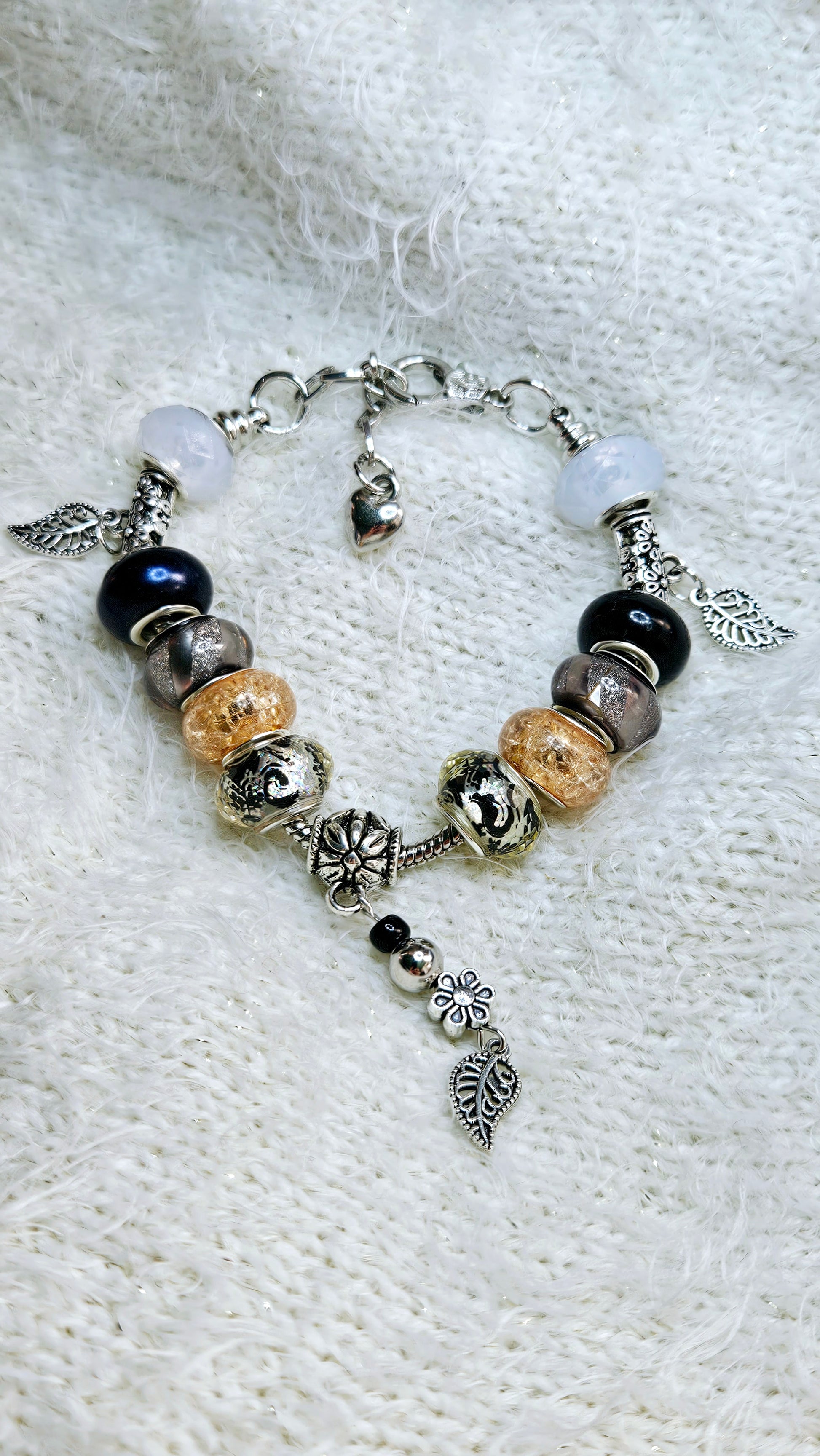 Black & Silver Leaf Charm Bracelet