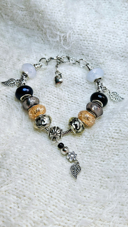 Black & Silver Leaf Charm Bracelet