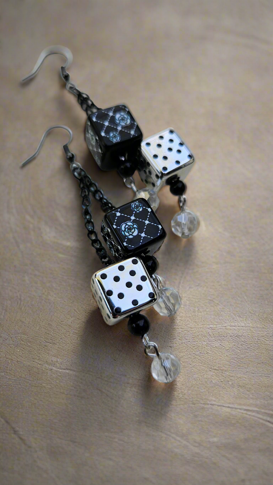 Black, Silver & White Dice Chain Dangle Earrings