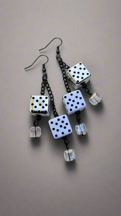 Black, Silver & White Dice Chain Dangle Earrings