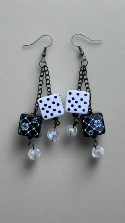 Black, Silver & White Dice Chain Dangle Earrings
