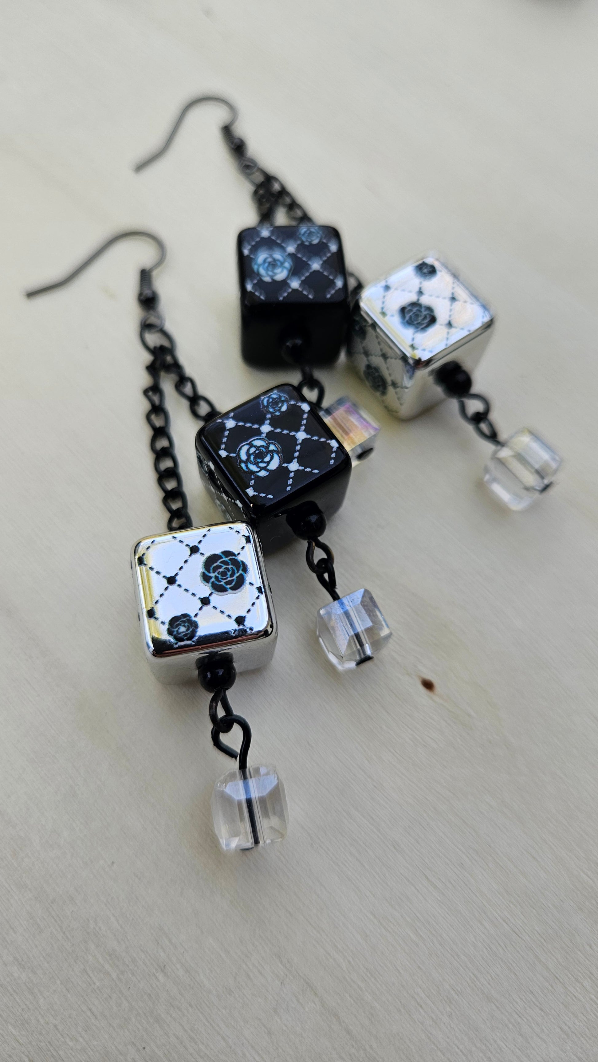 Black, Silver & White Dice Chain Dangle Earrings