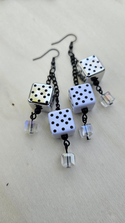 Black, Silver & White Dice Chain Dangle Earrings